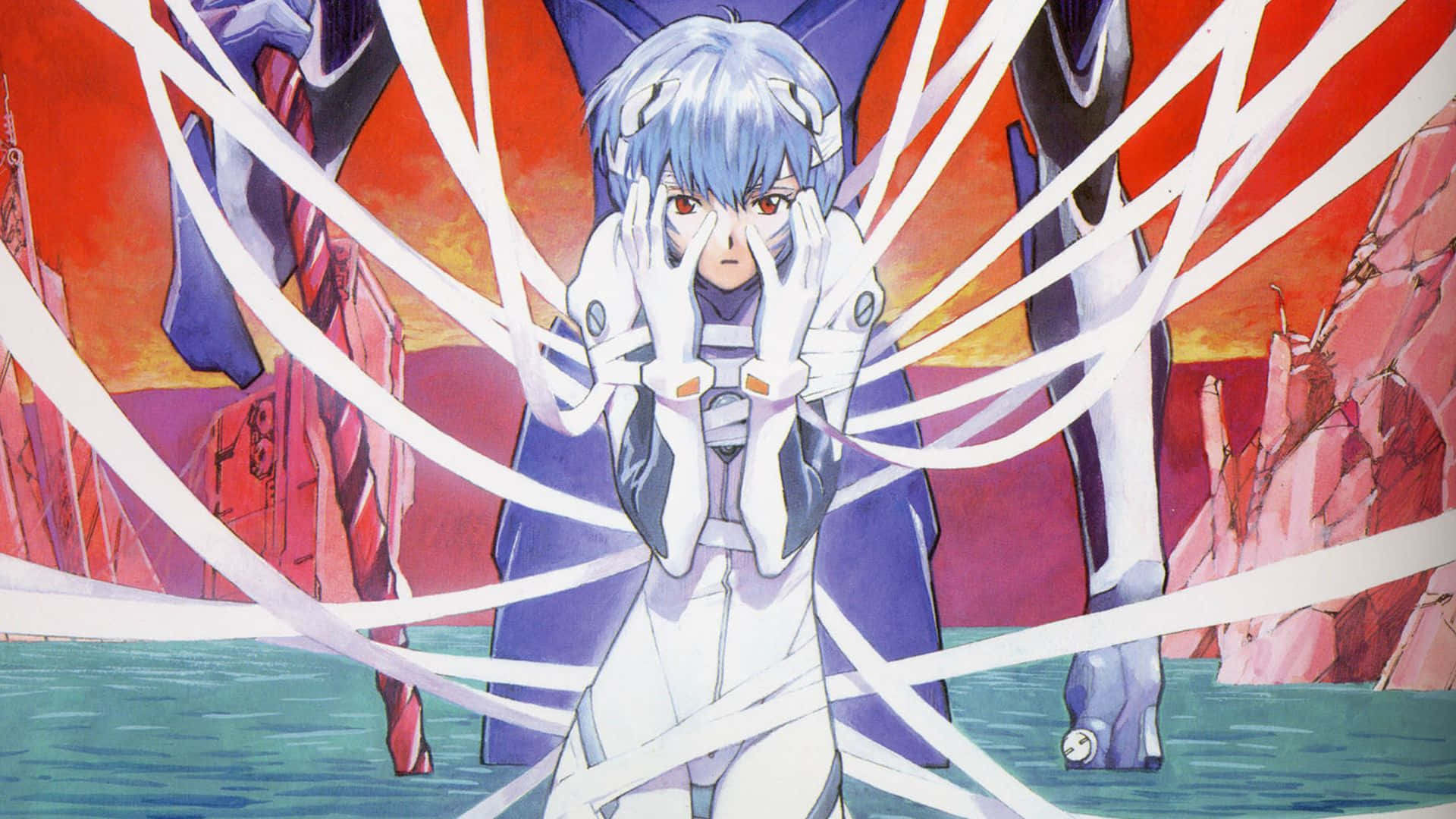 Rei Ayanami, blue-haired, white suit, Full HD Desktop Wallpaper