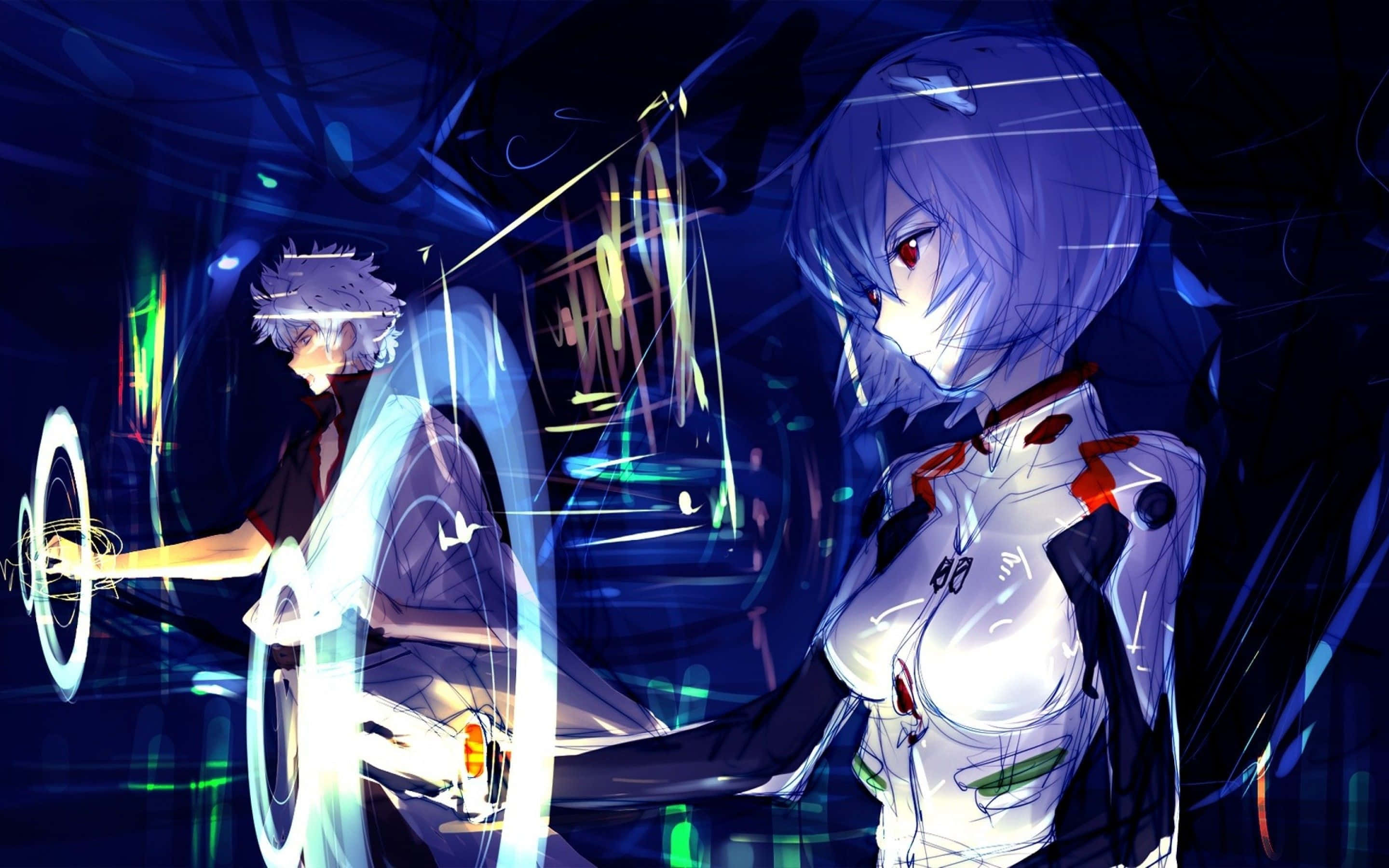 Rei Ayanami, vivid sunset, dark futuristic cockpit, 2K Desktop Wallpaper