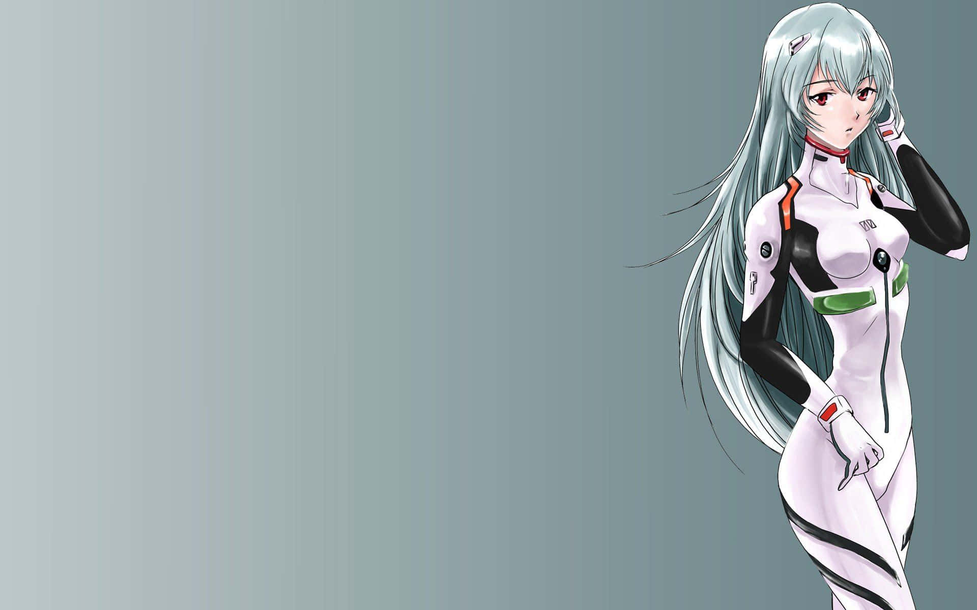 Rei Ayanami, long silver hair, white black and green futuristic suit, Full HD Desktop Wallpaper