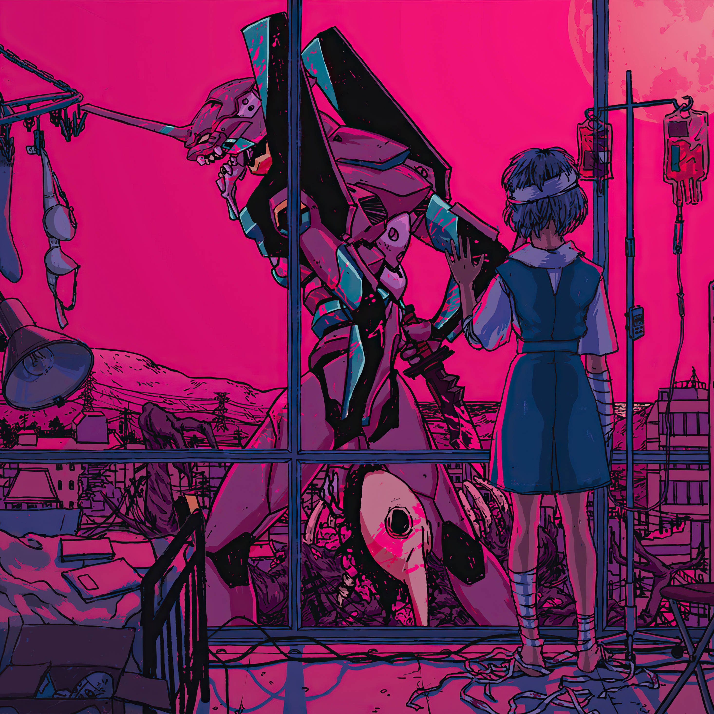 Rei Ayanami, iPad, giant pink and teal mecha, 2K Desktop Wallpaper