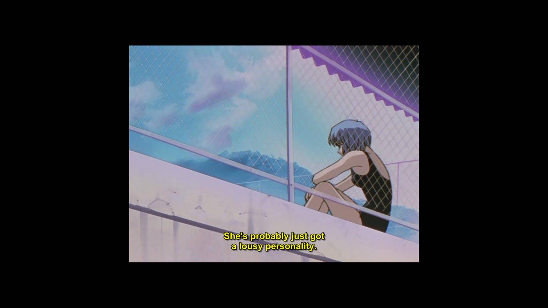 Rei Ayanami, blue-haired, rooftop ledge, Full HD Desktop Wallpaper