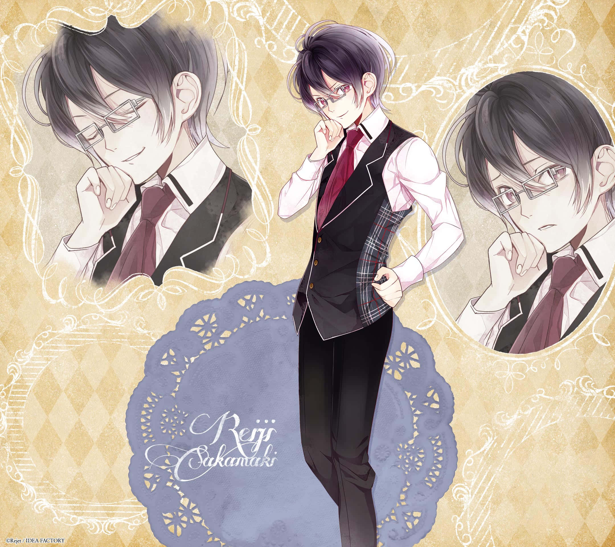 Reiji Sakamaki, formal attire, ornate vintage wallpaper, Full HD Desktop Wallpaper