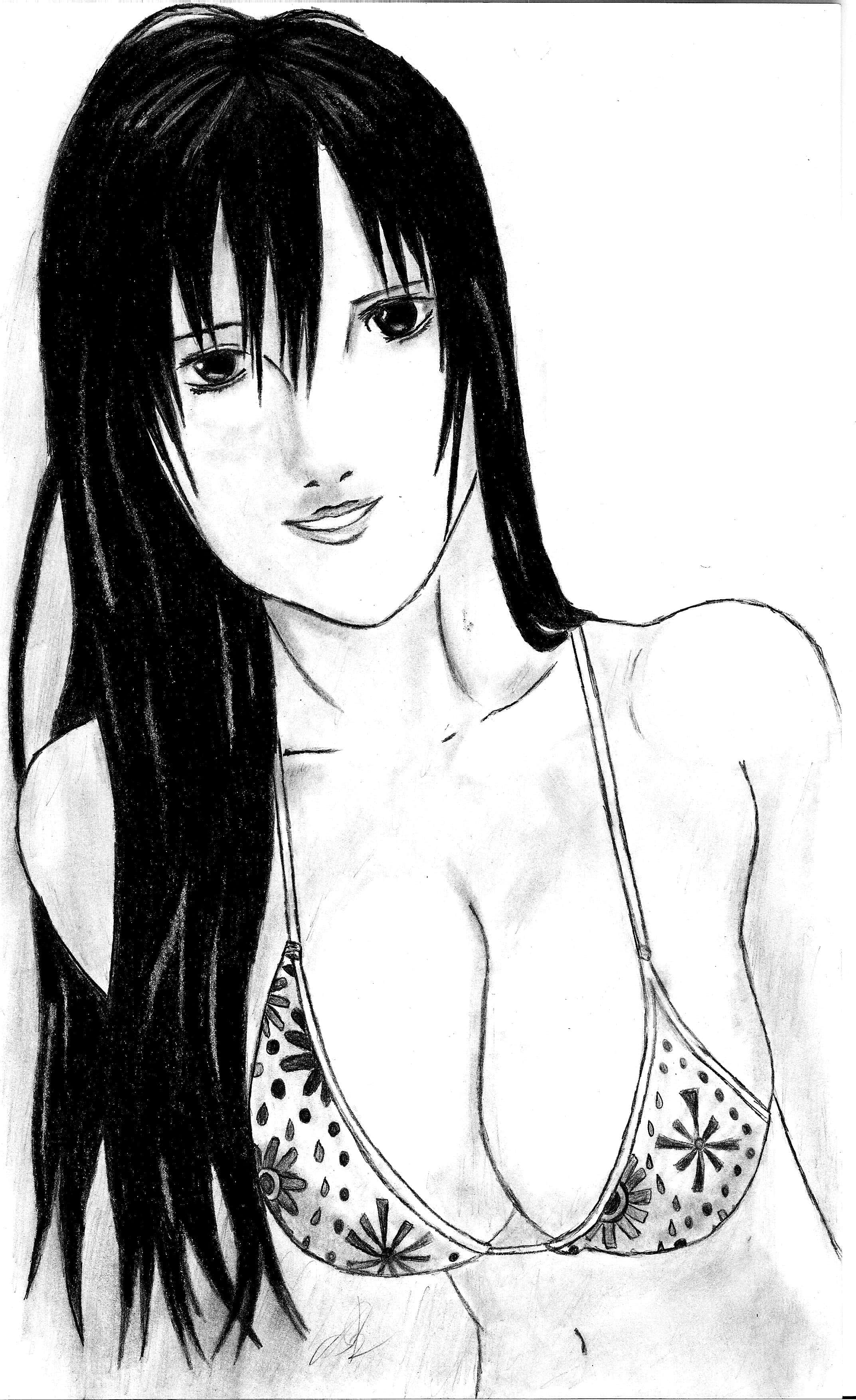 Reika Shimohira, black and white pencil sketch, long dark hair, 2K Phone Wallpaper