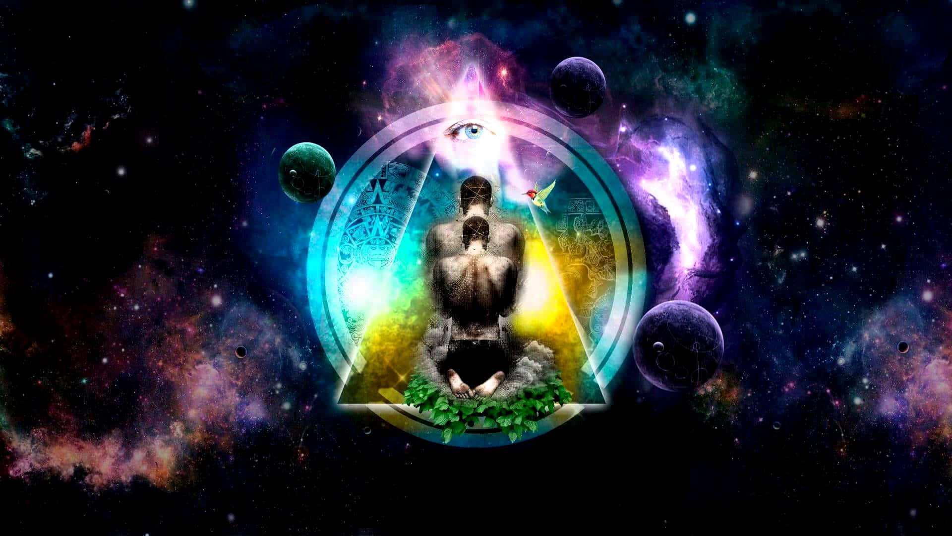 Reiki, glowing triangle, planets, Full HD Desktop Wallpaper