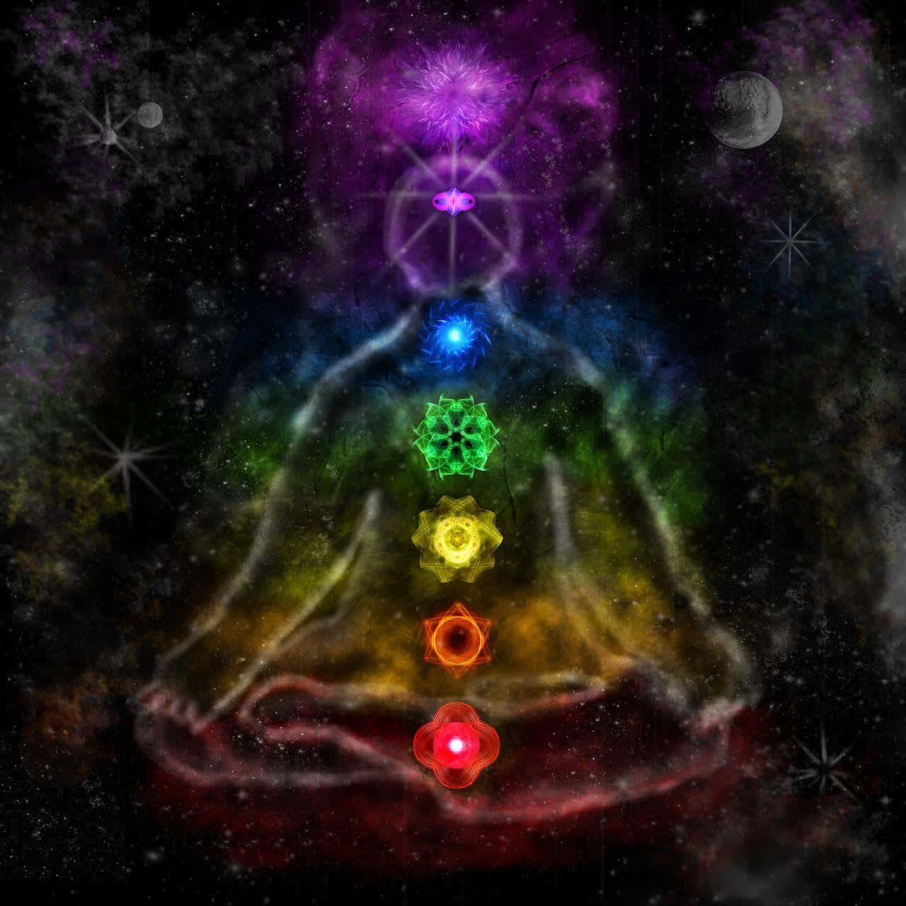 Reiki, cosmic silhouette, glowing rainbow chakras, HD Desktop Wallpaper