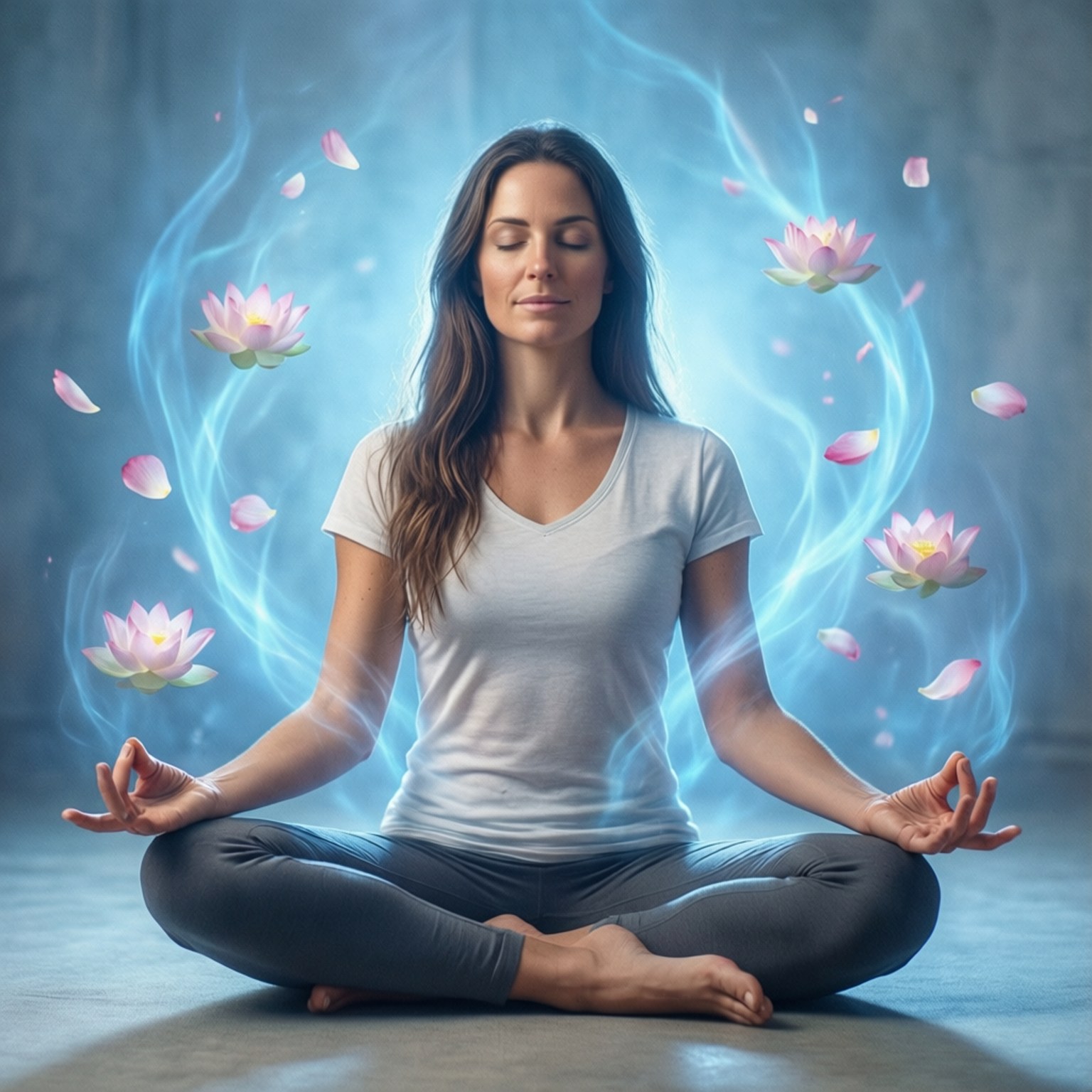 Meditation Reiki Flow, glowing blue energy, floating pink lotus flowers, HD Desktop Wallpaper