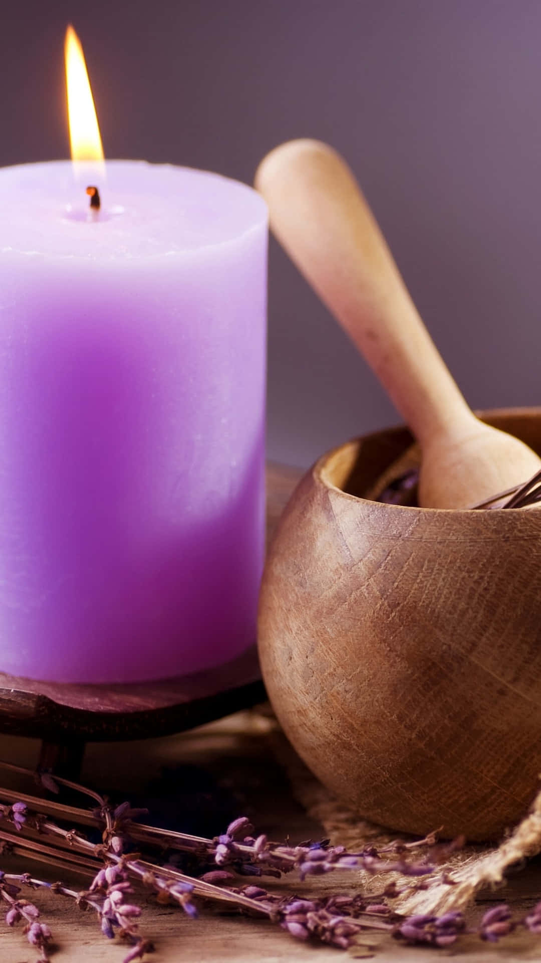 Reiki, purple candle, wooden bowl, Full HD Phone Wallpaper