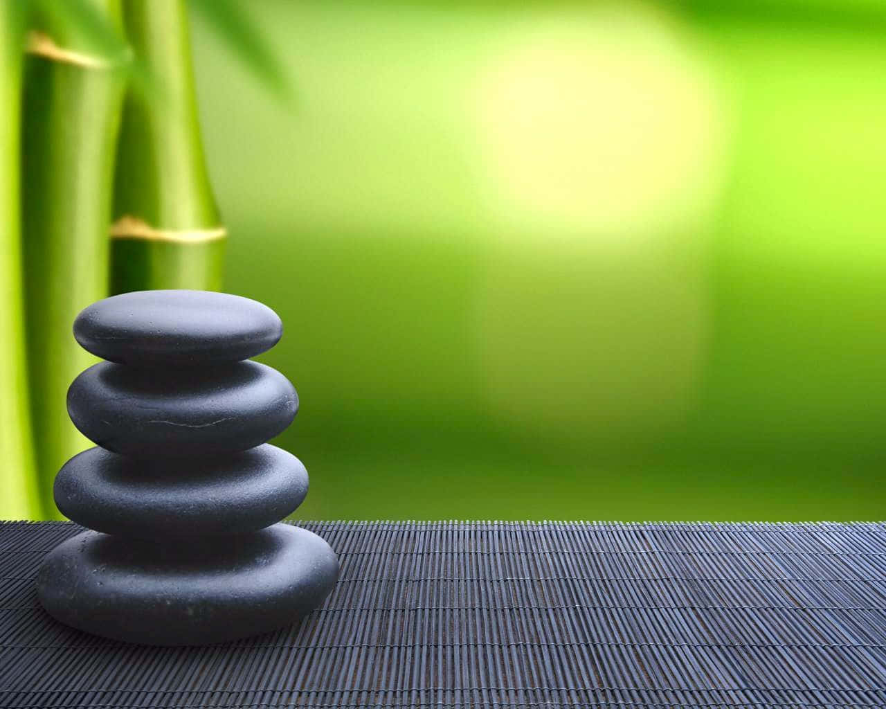 Reiki, black zen stones, dark bamboo mat, HD Desktop Wallpaper