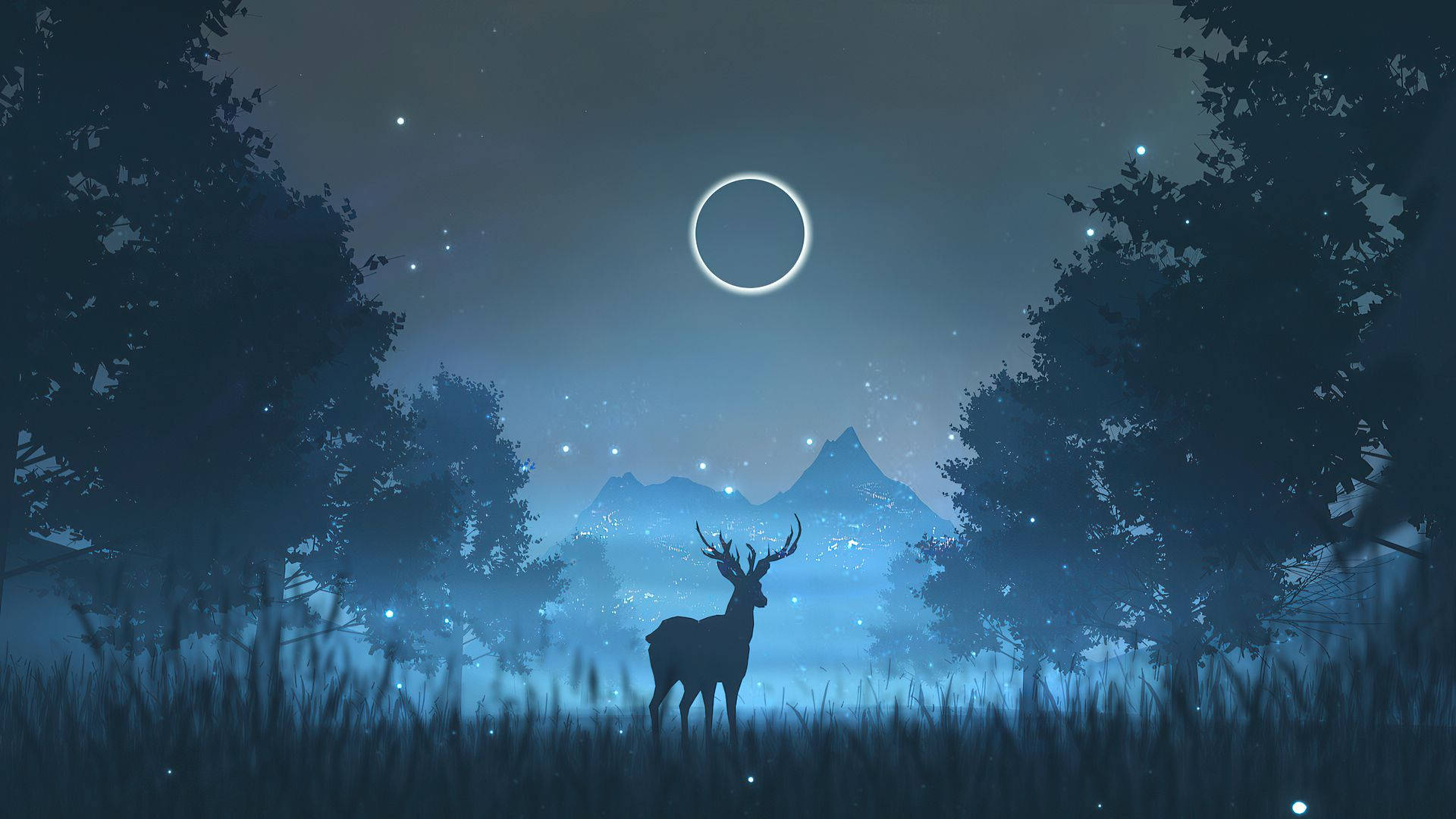 Reindeer, misty forest, night, Full HD Desktop Wallpaper