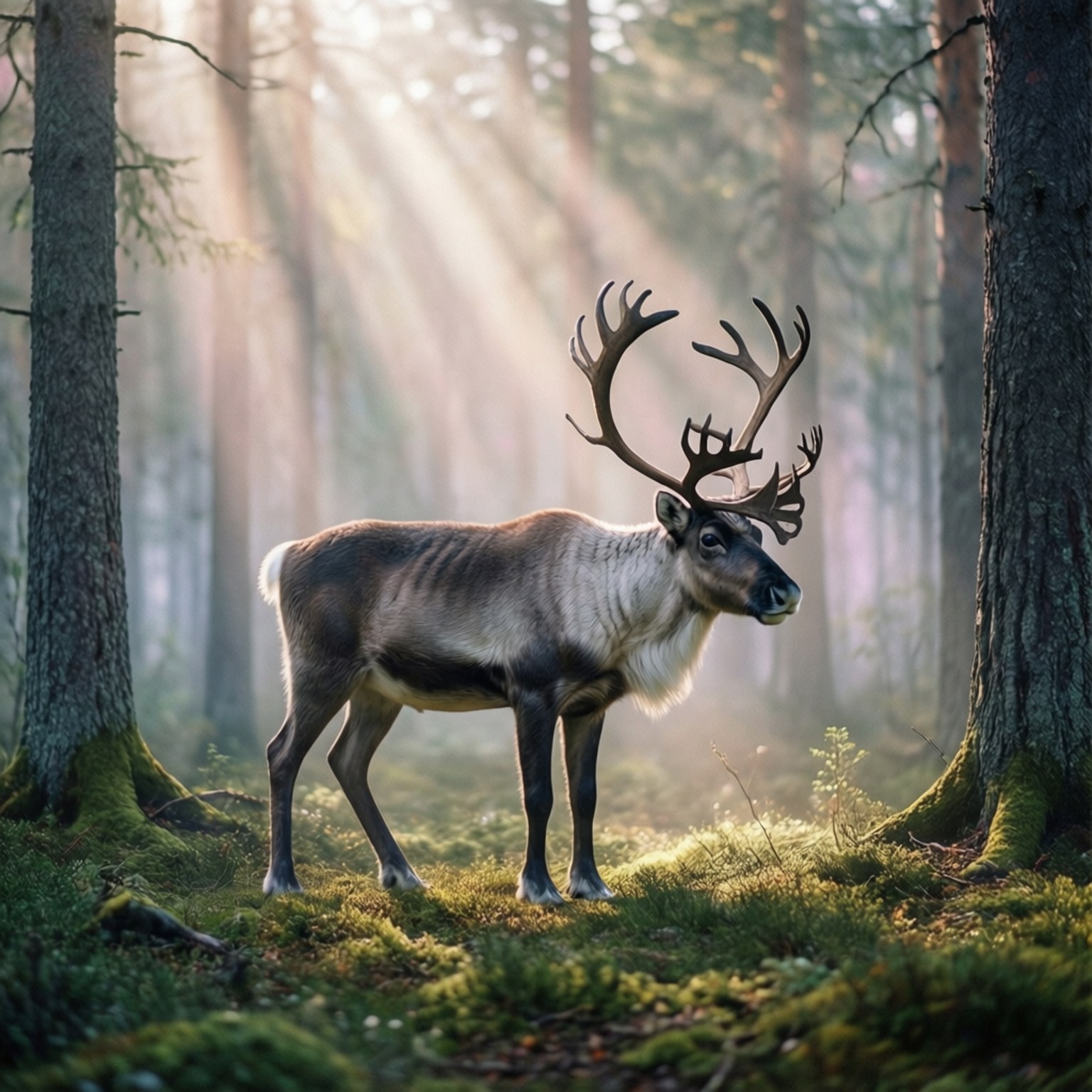 reindeer, forest clearing, mossy trees, HD Desktop Wallpaper