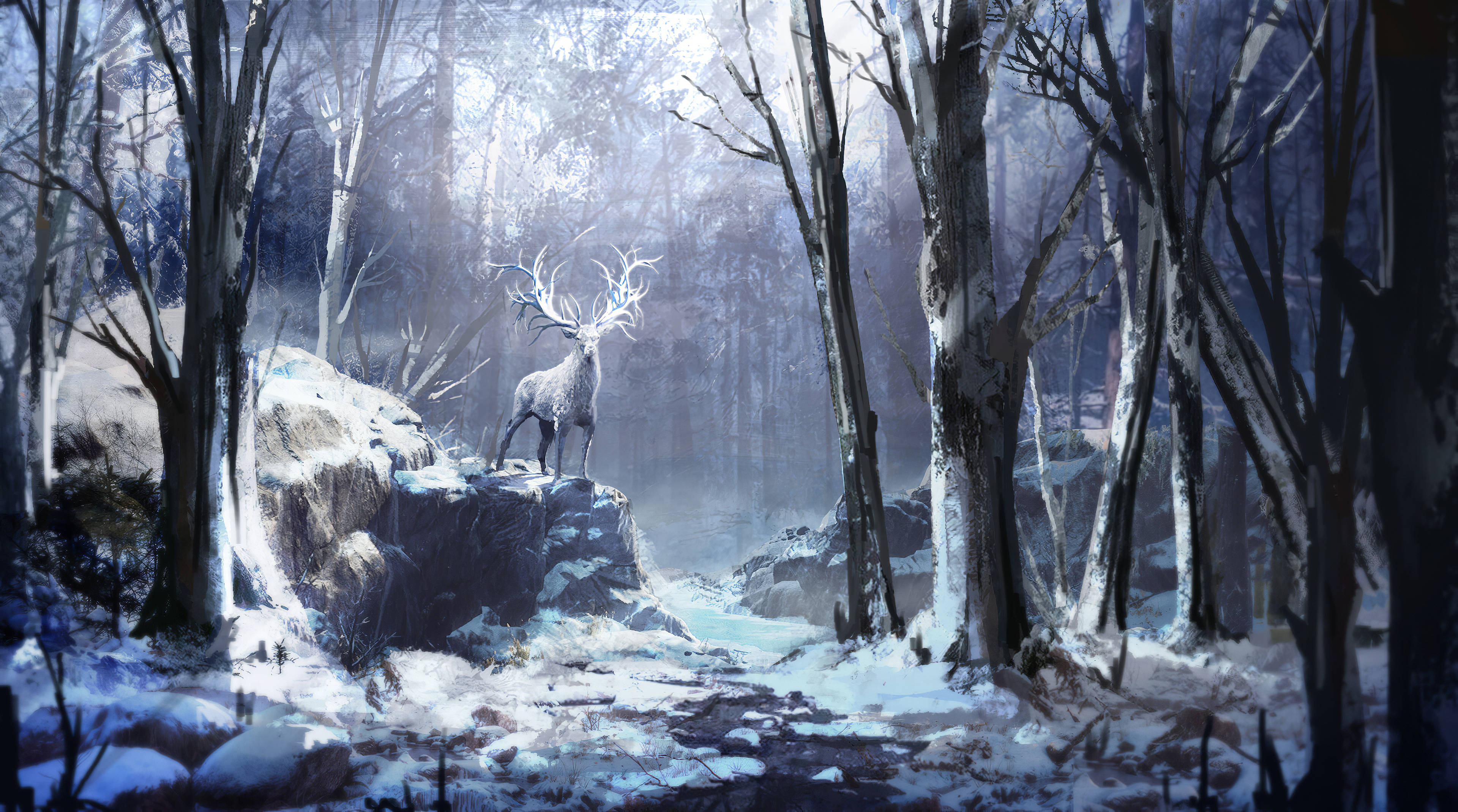 reindeer, silver stag, glowing antlers, 4K Desktop Wallpaper