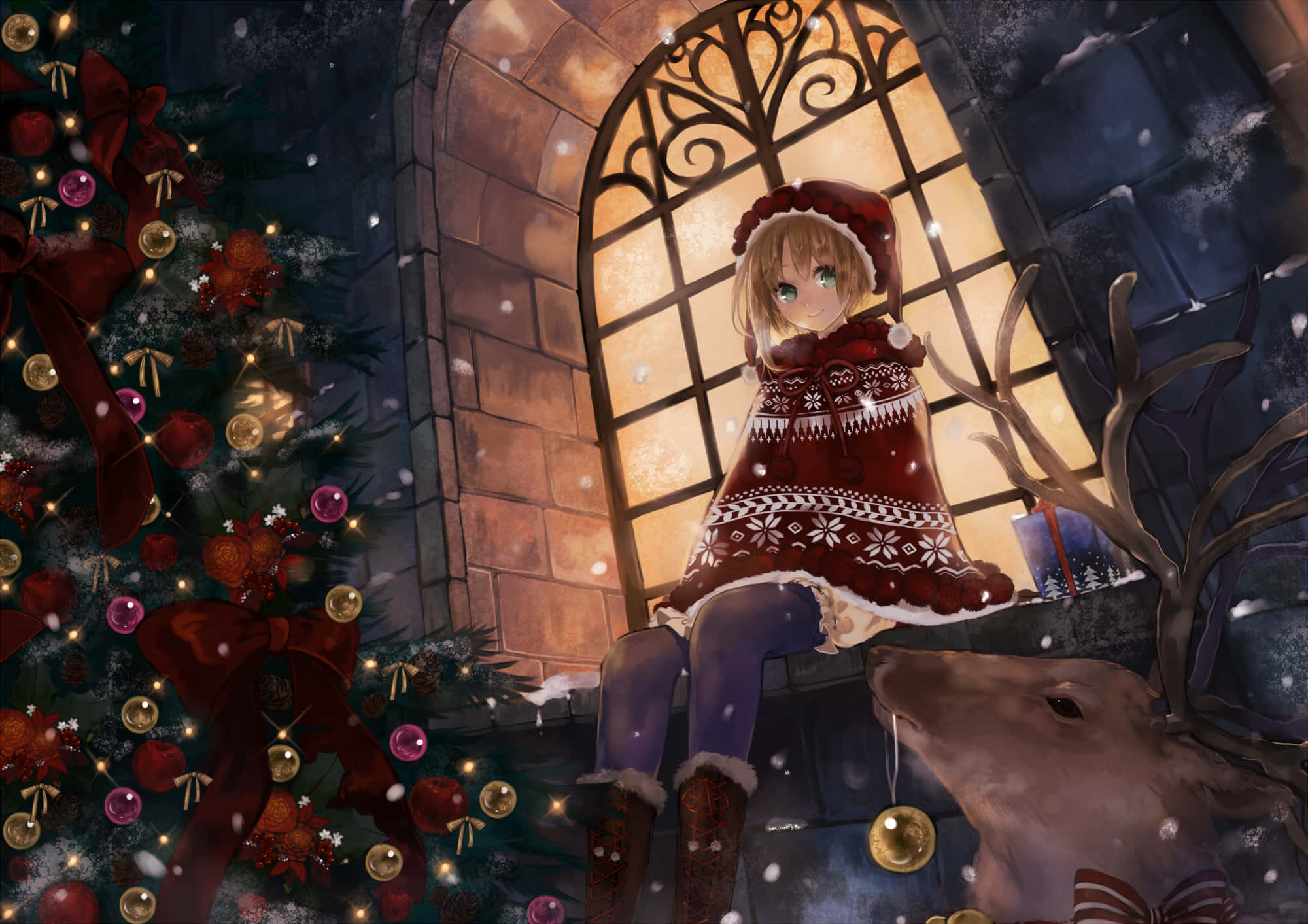 anime girl, reindeer, red winter outfit, Full HD Desktop Wallpaper