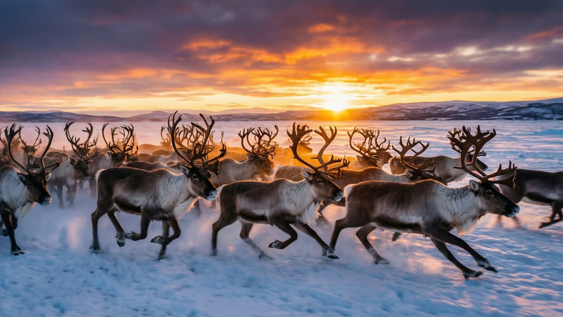 herd of reindeer, massive antlers, snowy plain, Full HD Desktop Wallpaper
