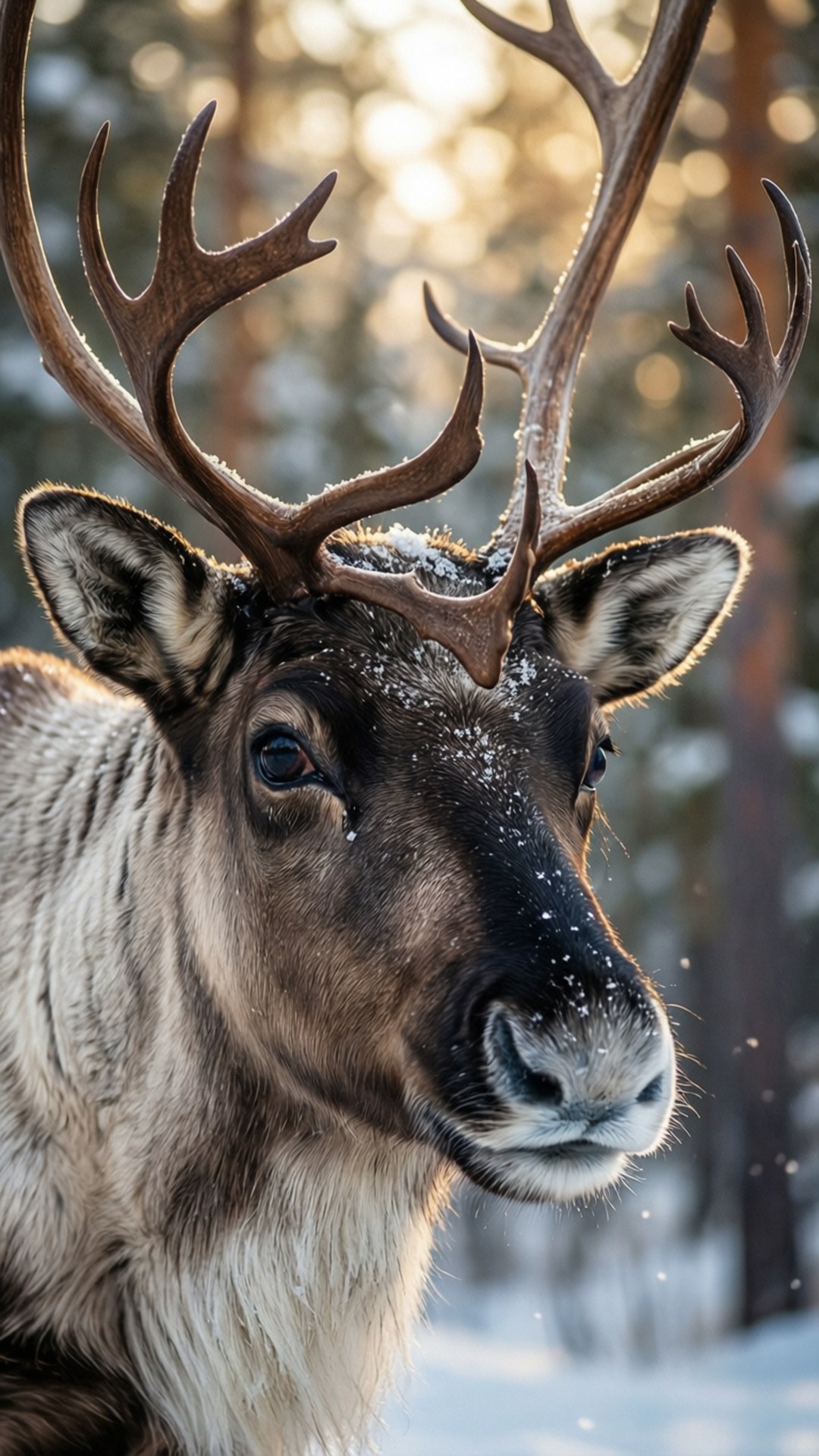 reindeer, large antlers, dusted in snow, Full HD Phone Wallpaper