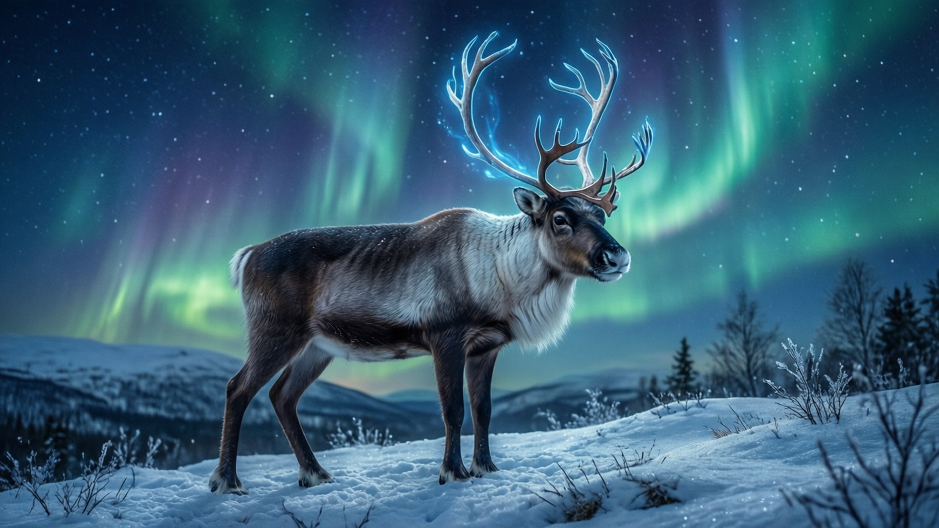 reindeer, aurora borealis, snowy landscape, Full HD Desktop Wallpaper
