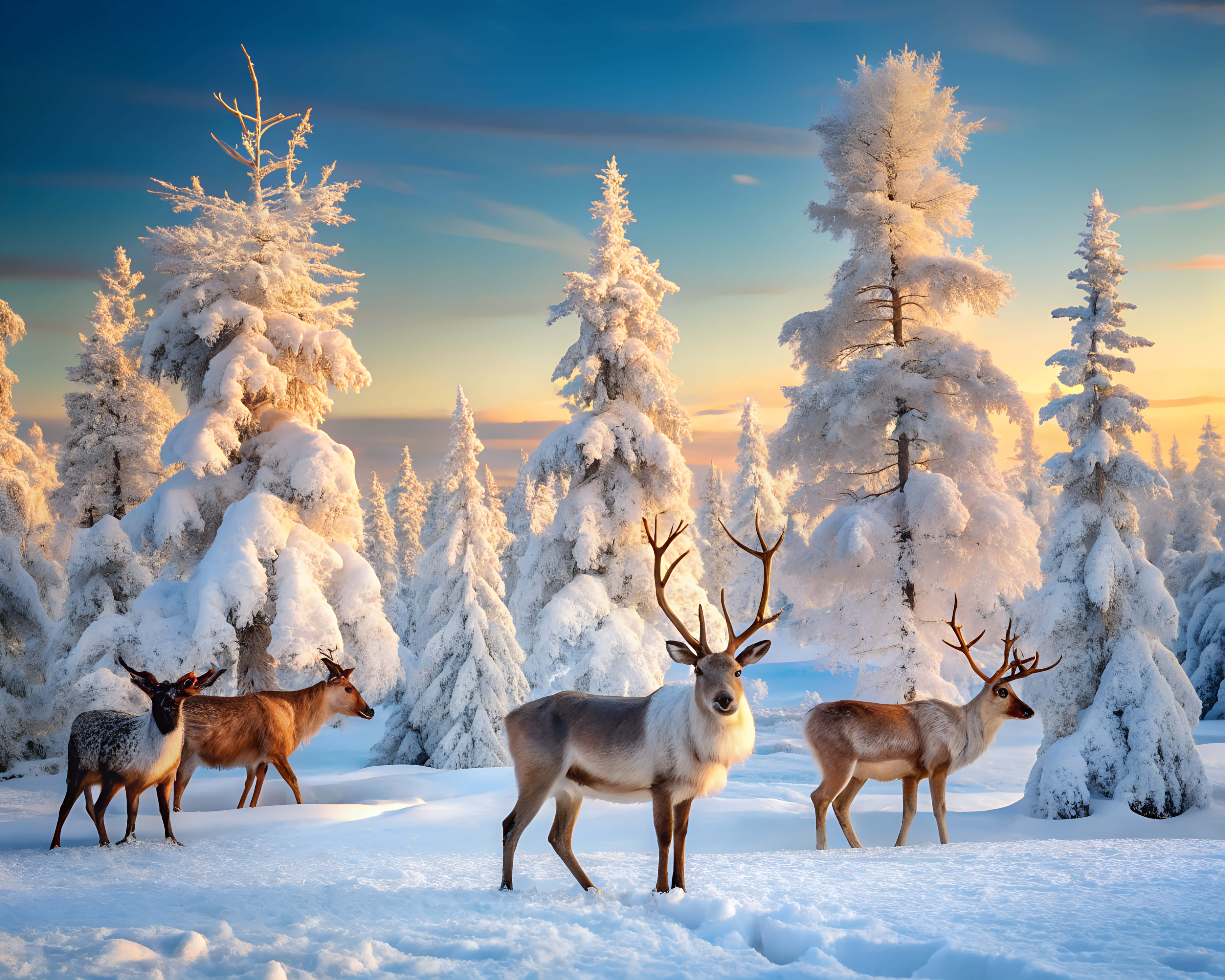 reindeer, snow-covered pine trees, sunset, 4K Desktop Wallpaper
