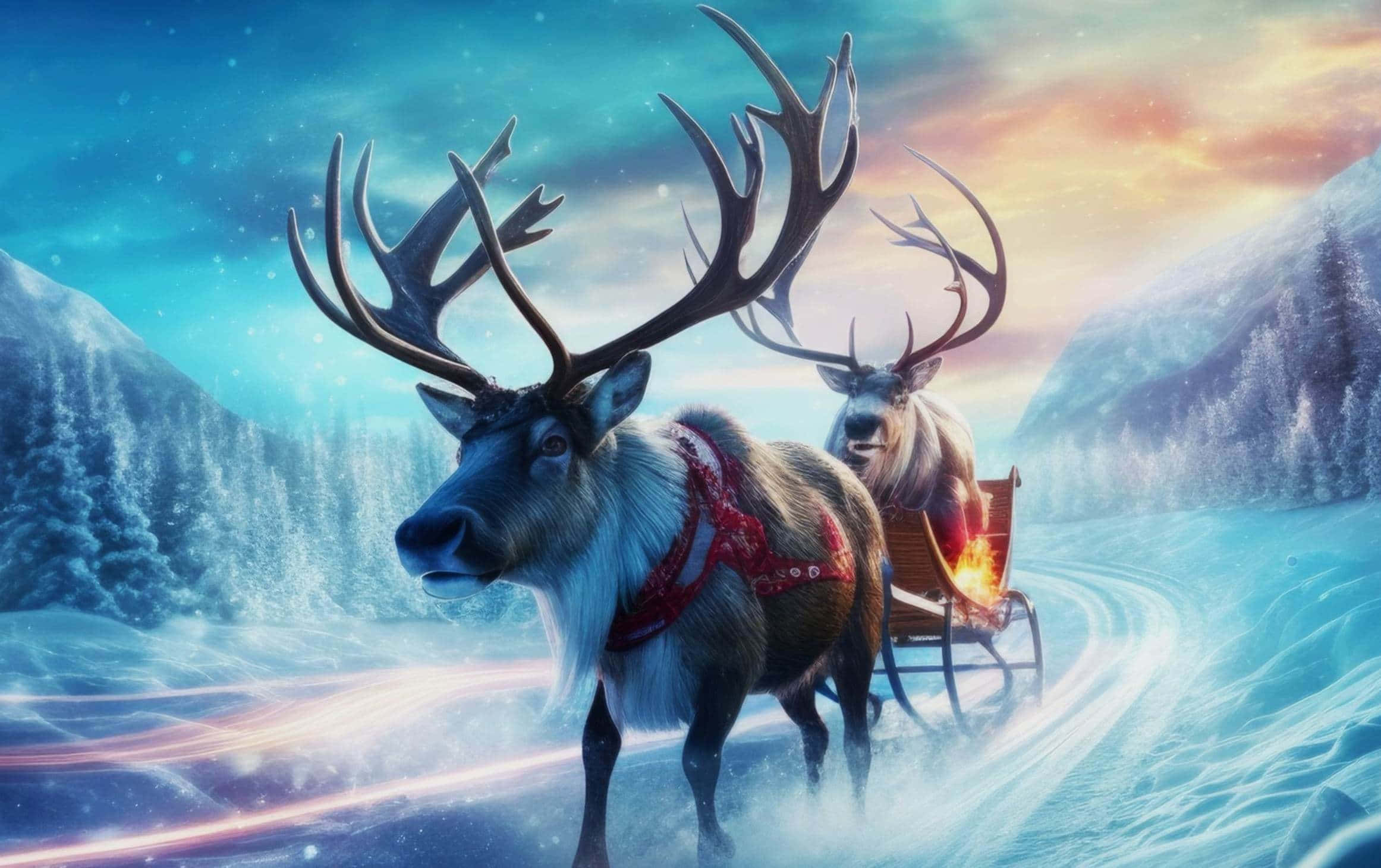 reindeer, sleigh, snowy mountain pass, Full HD Desktop Wallpaper