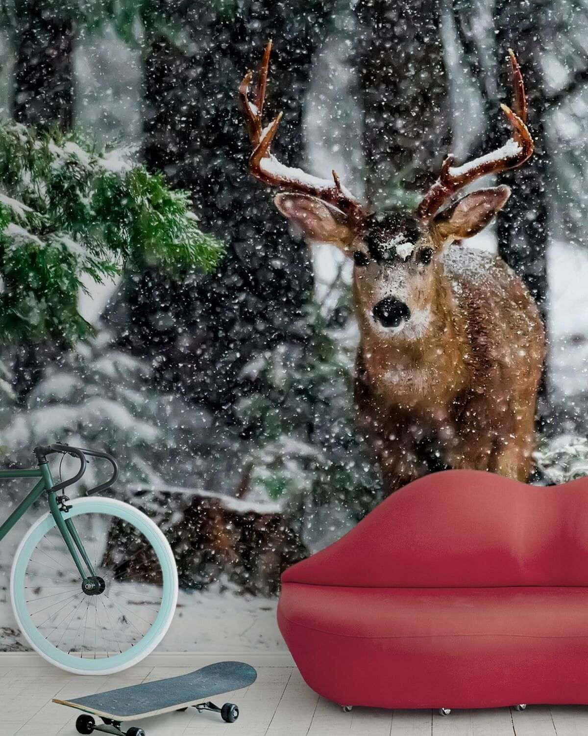 reindeer, snowy forest, green bicycle, HD Phone Wallpaper