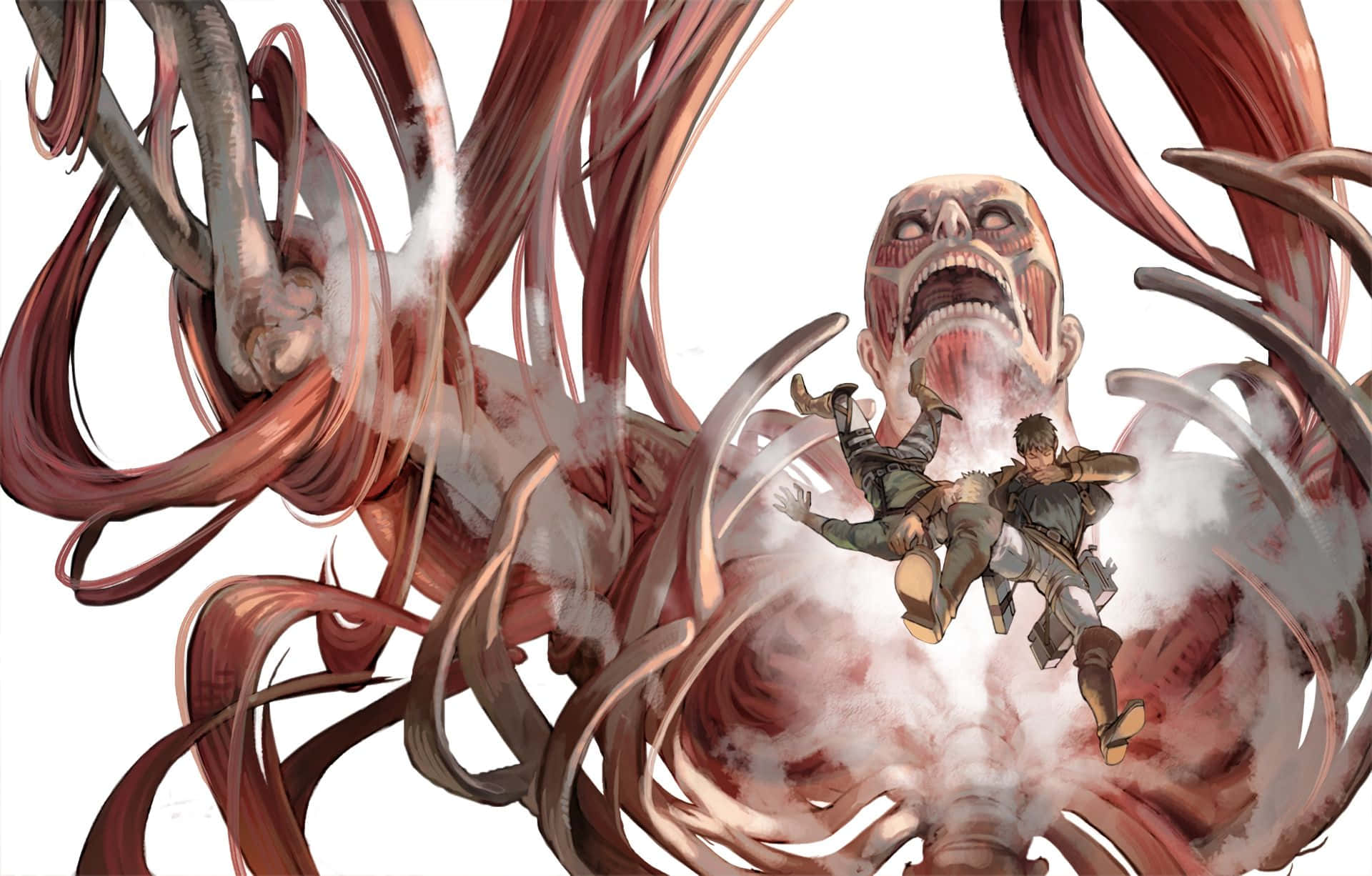 Reiner Braun, colossal screaming titan, swirling red flesh tendrils, Full HD Desktop Wallpaper