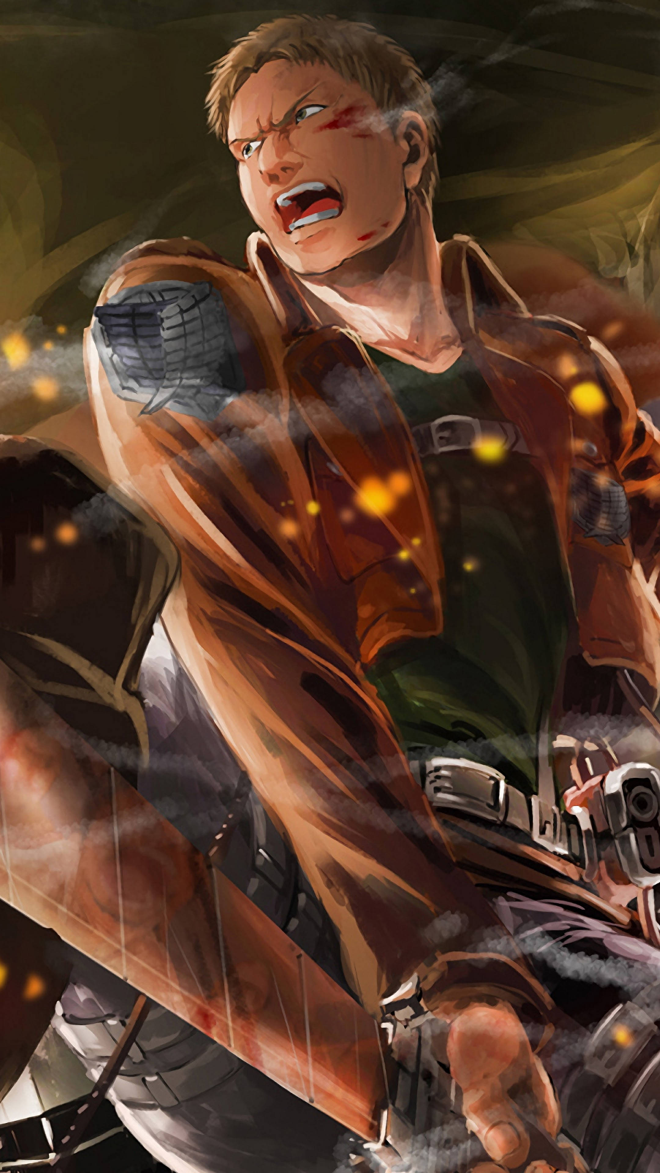 Reiner, anime warrior, bloodied face, 4K Phone Wallpaper