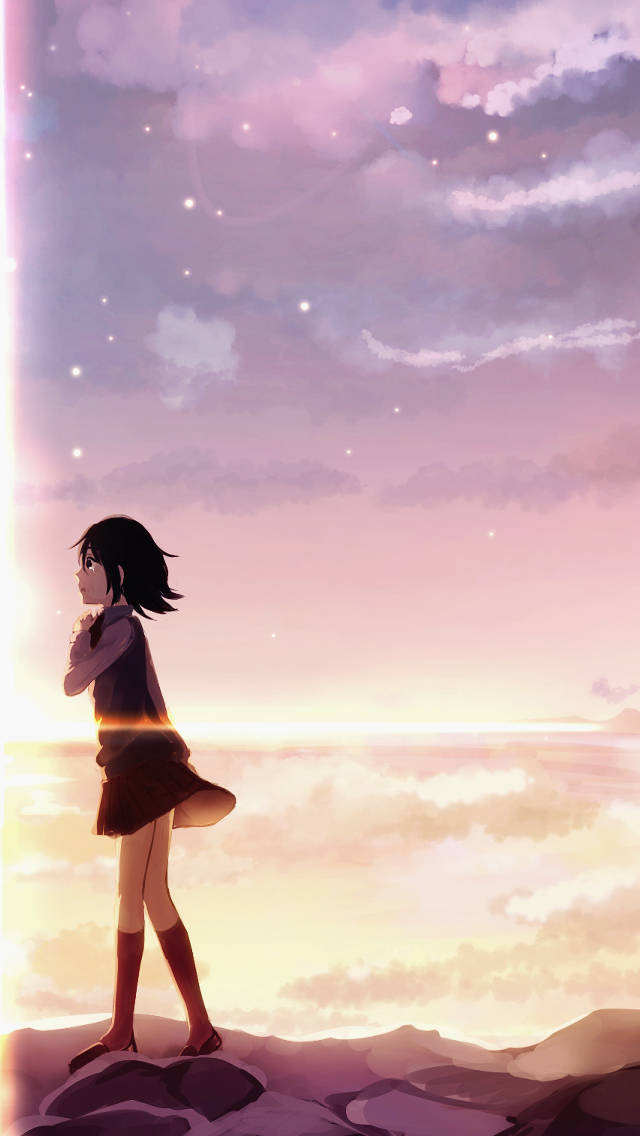 anime girl, cliff, sunset, SD Phone Wallpaper