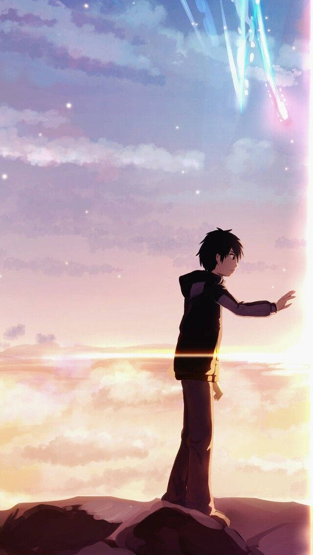 anime boy, cliff, sunset, SD Phone Wallpaper