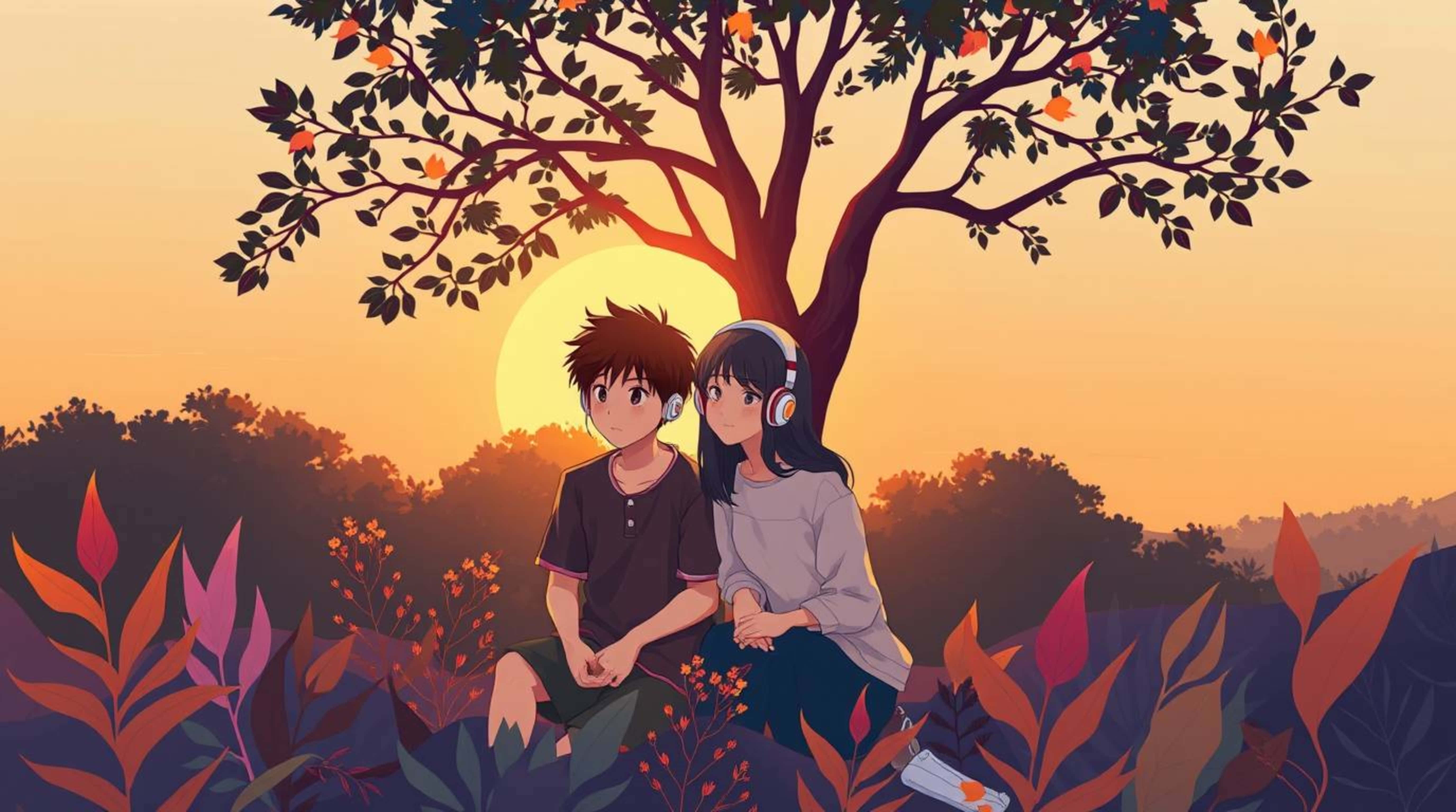 young couple, peaceful moment, listening to music, 5K Desktop Wallpaper