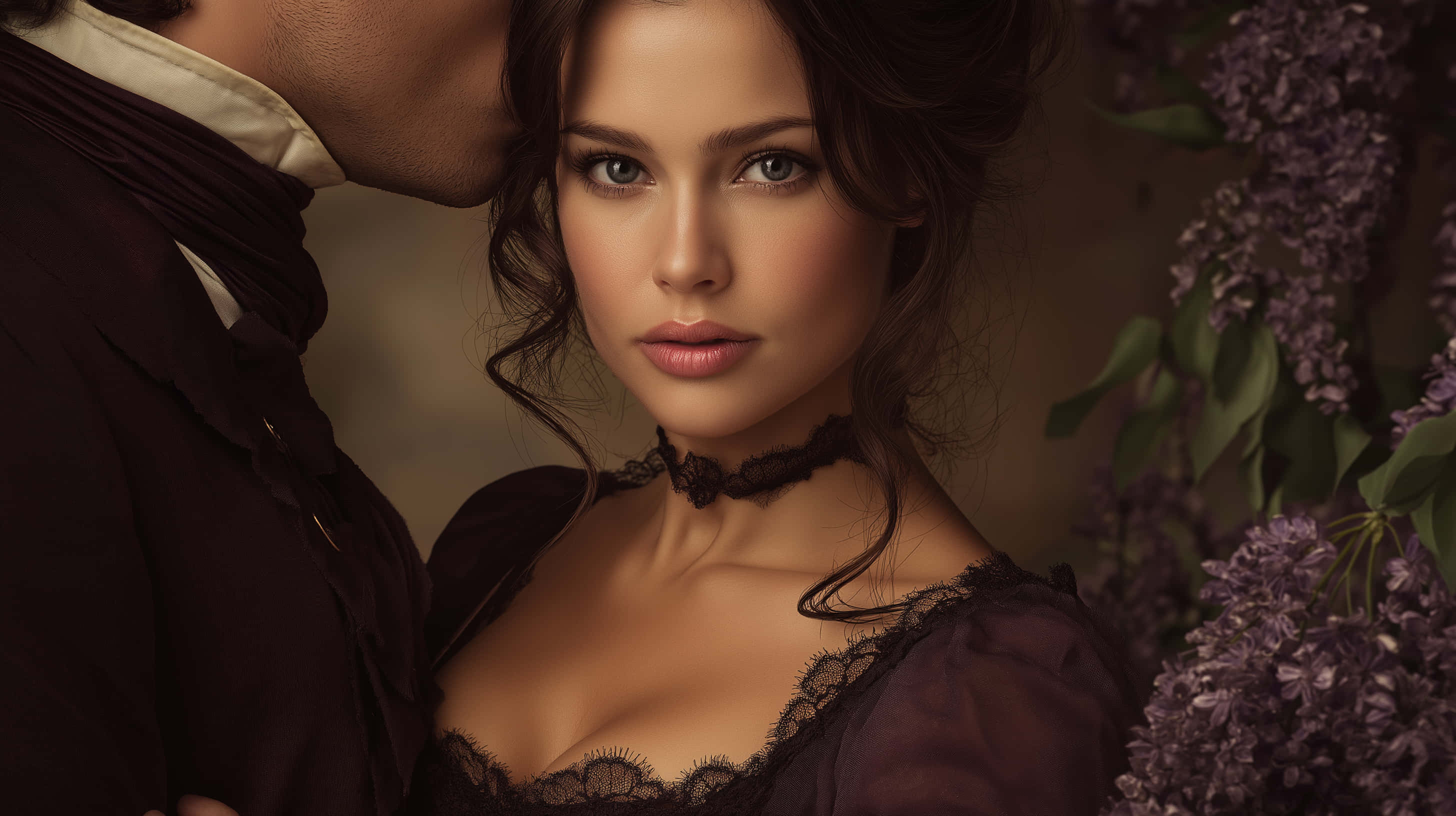 dark lace gown, burgundy coat, purple lilac blossoms, 2K Desktop Wallpaper
