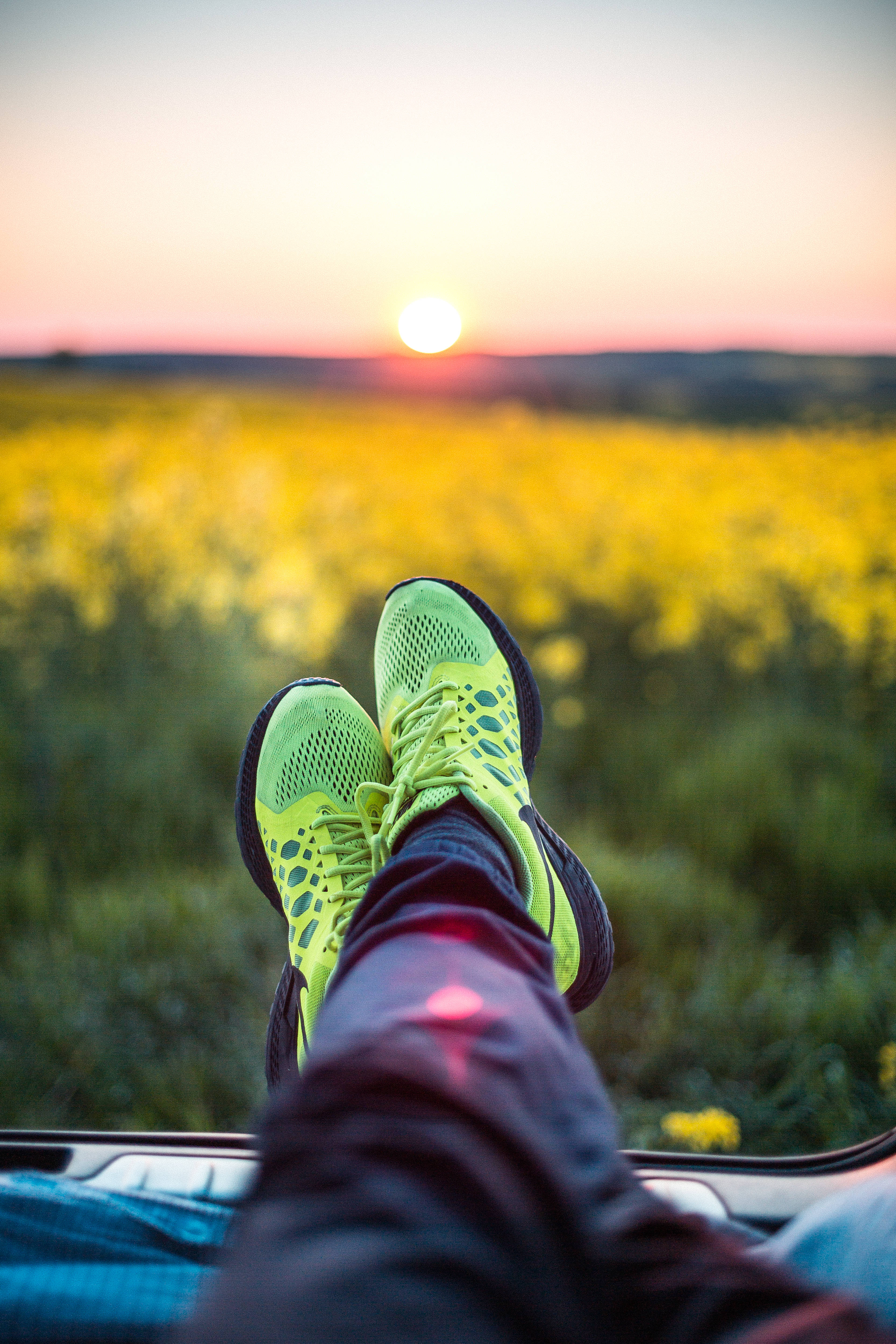 neon sneakers, car, golden field, 4K Phone Wallpaper