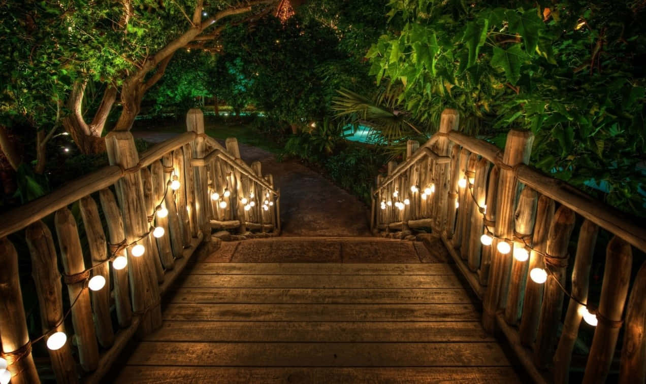 pool resort, wooden bridge, glowing string lights, SD Desktop Wallpaper