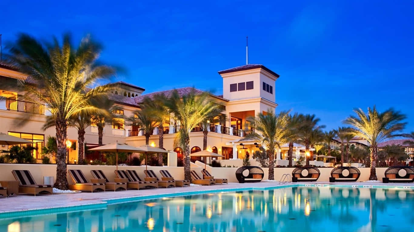 Pool Resort, twilight, palm trees, HD Desktop Wallpaper