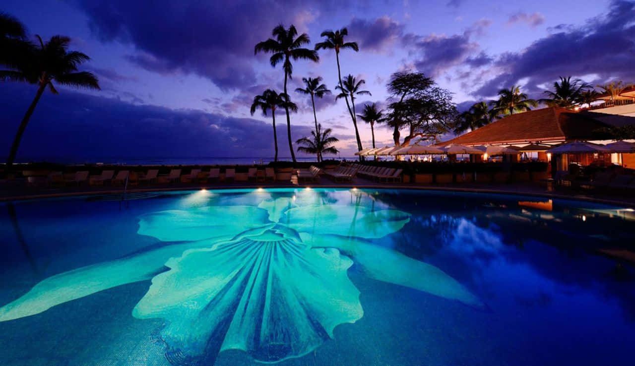 turquoise pool, giant floral design, palm trees, HD Desktop Wallpaper