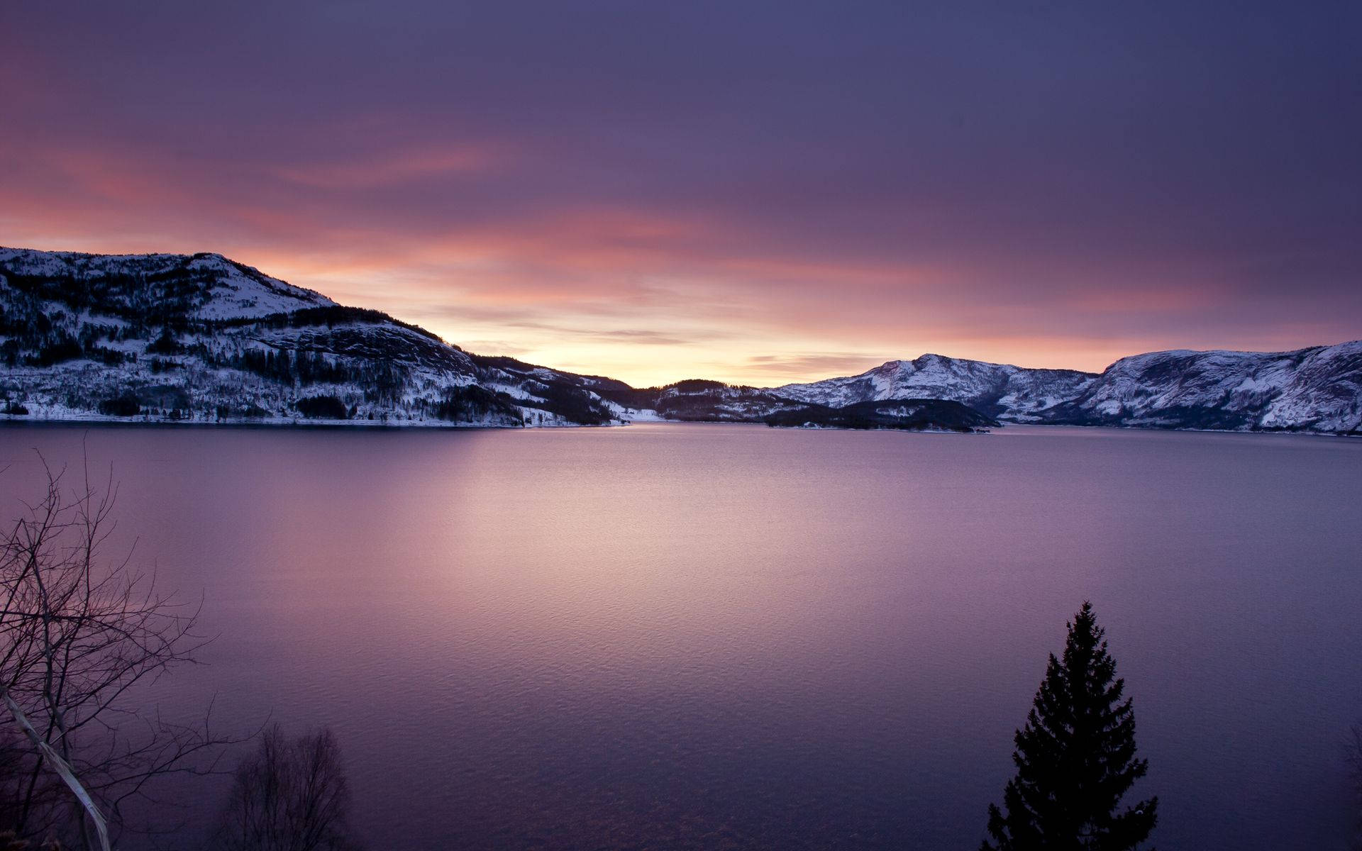 winter lake, vibrant purple and pink sunset sky, snow-covered mountains, Full HD Desktop Wallpaper