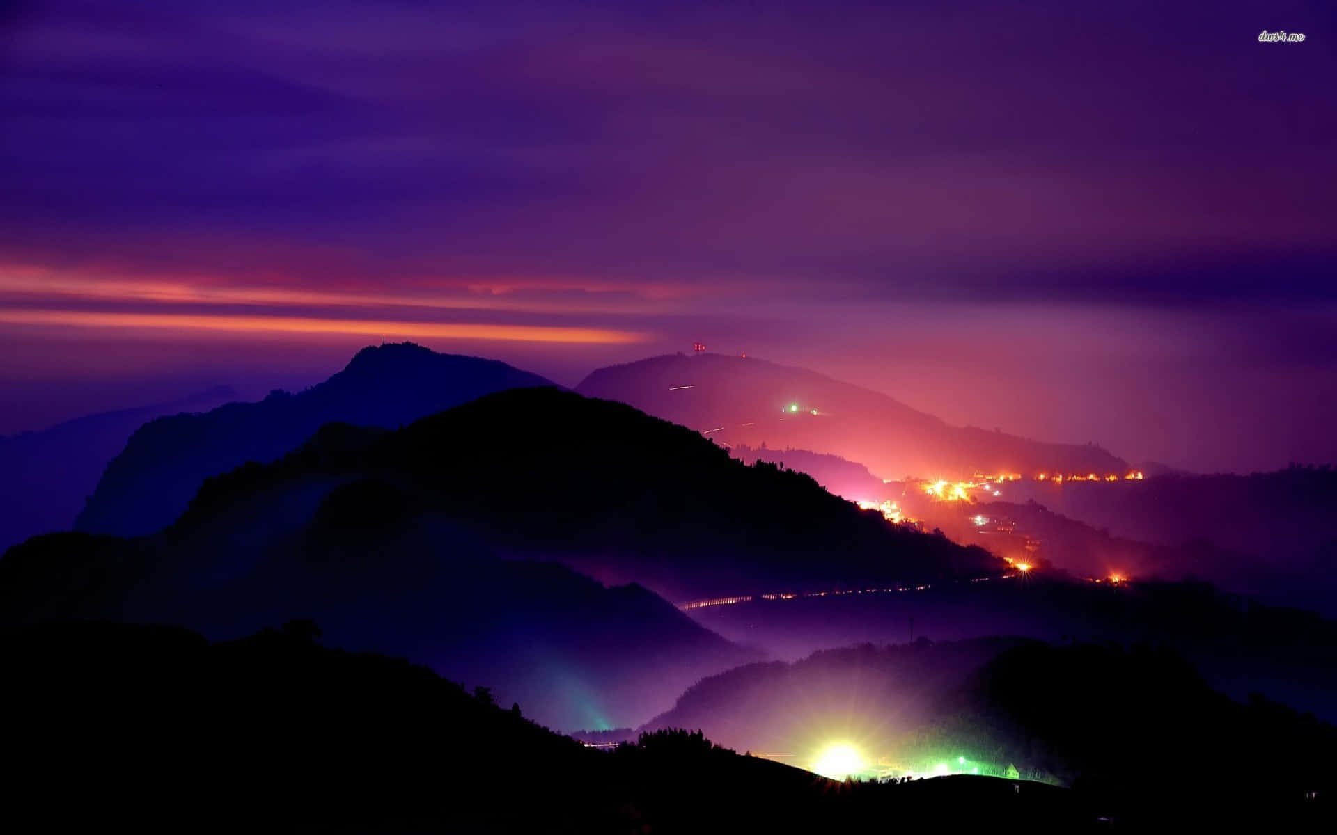 purple, orange twilight, layered mountain silhouettes, Full HD Desktop Wallpaper