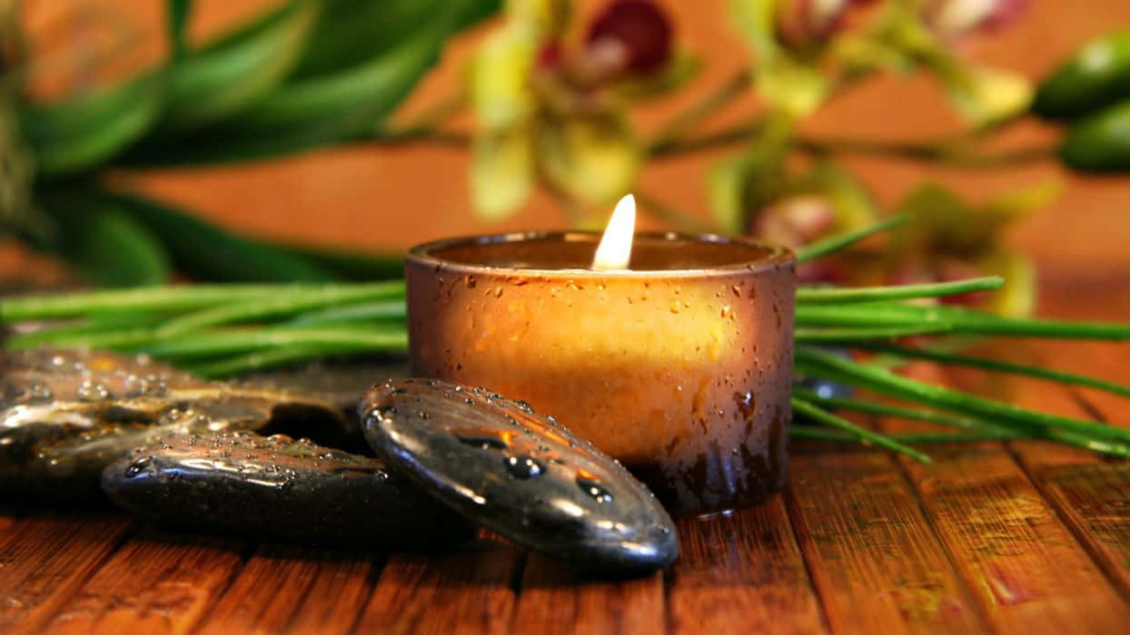glowing candle, glass jar, wet stones, SD Desktop Wallpaper