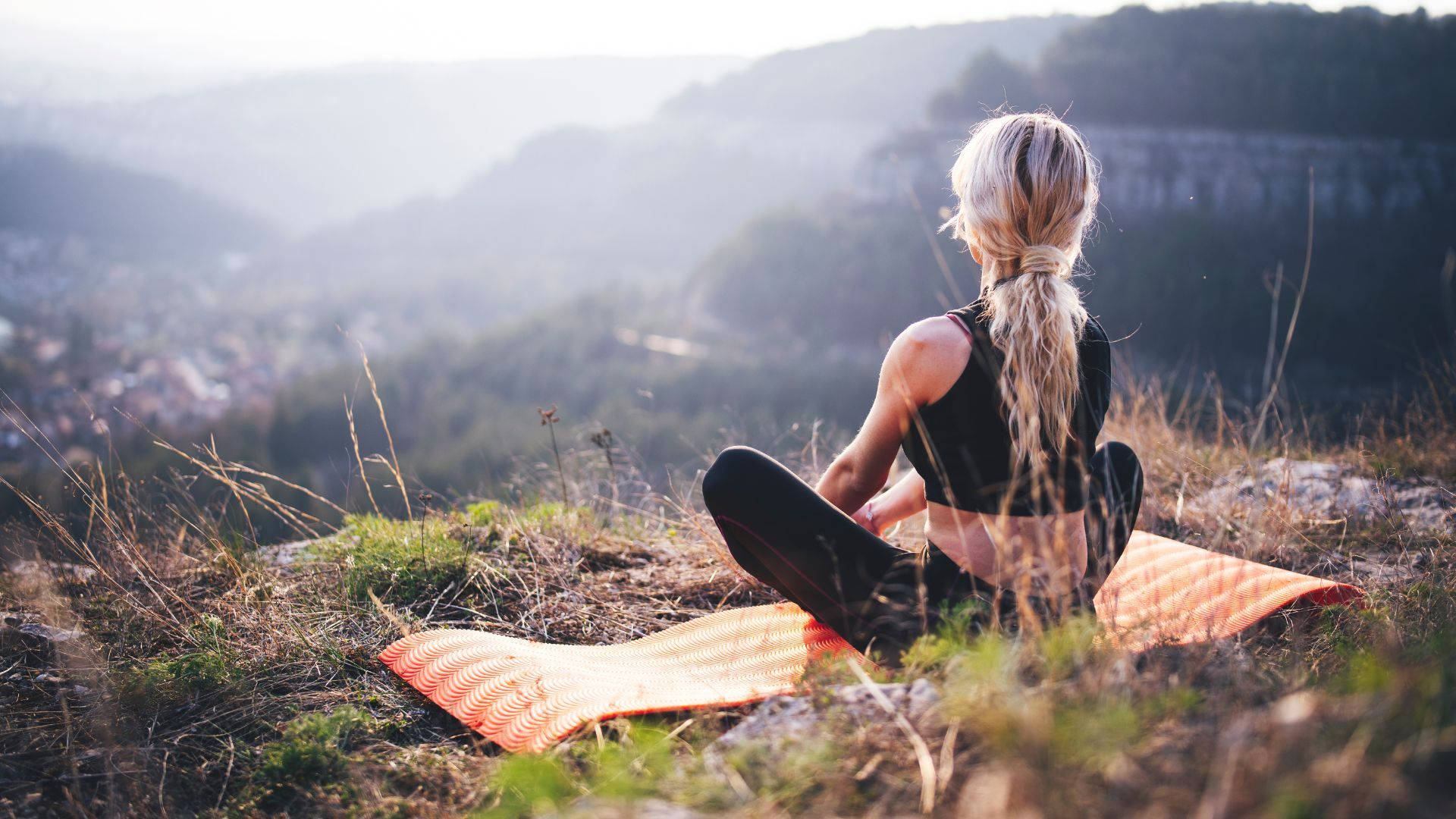 blonde hair, orange mat, grassy hill, Full HD Desktop Wallpaper