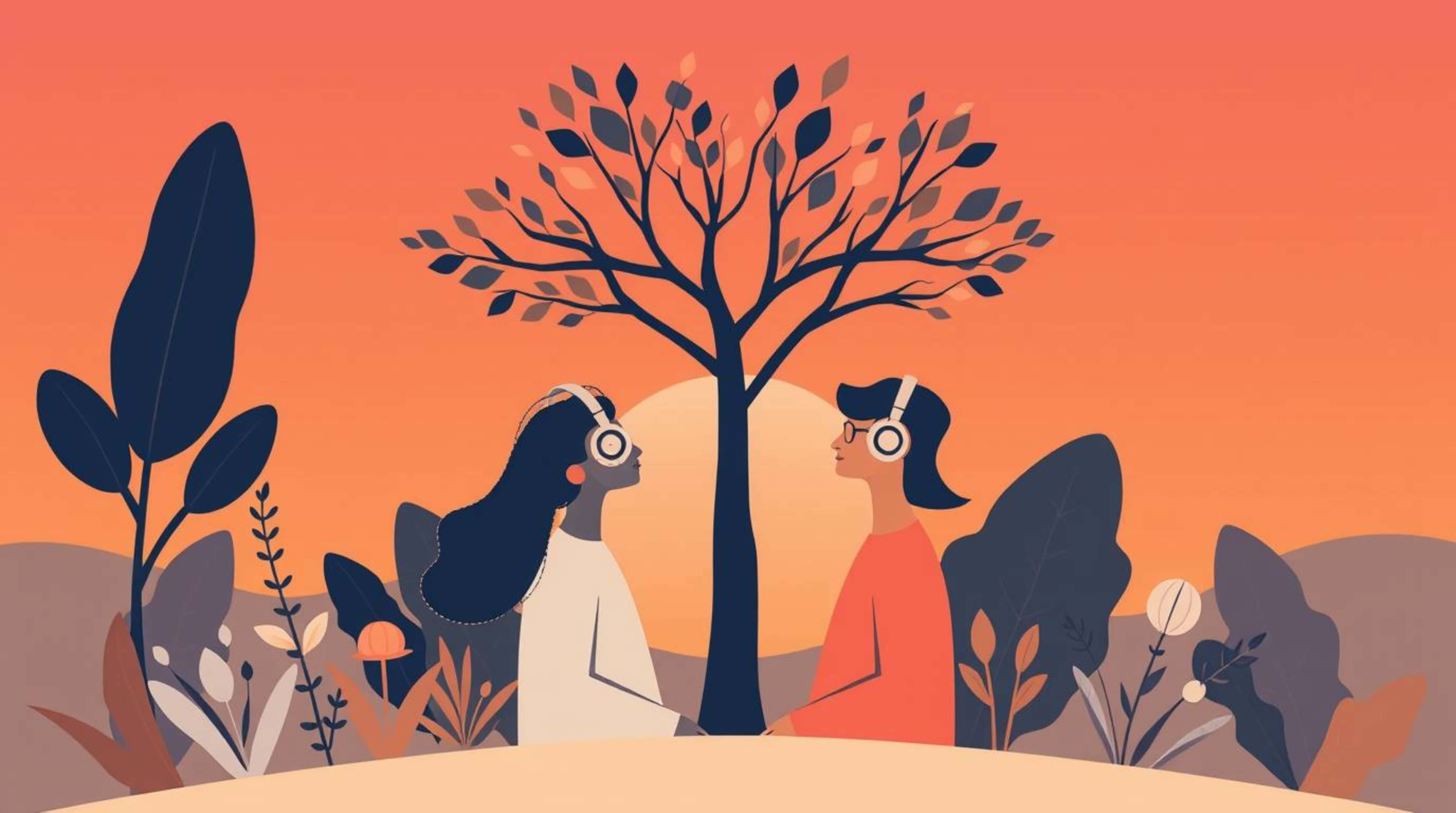 two people, under a tree, sunset, 5K Desktop Wallpaper