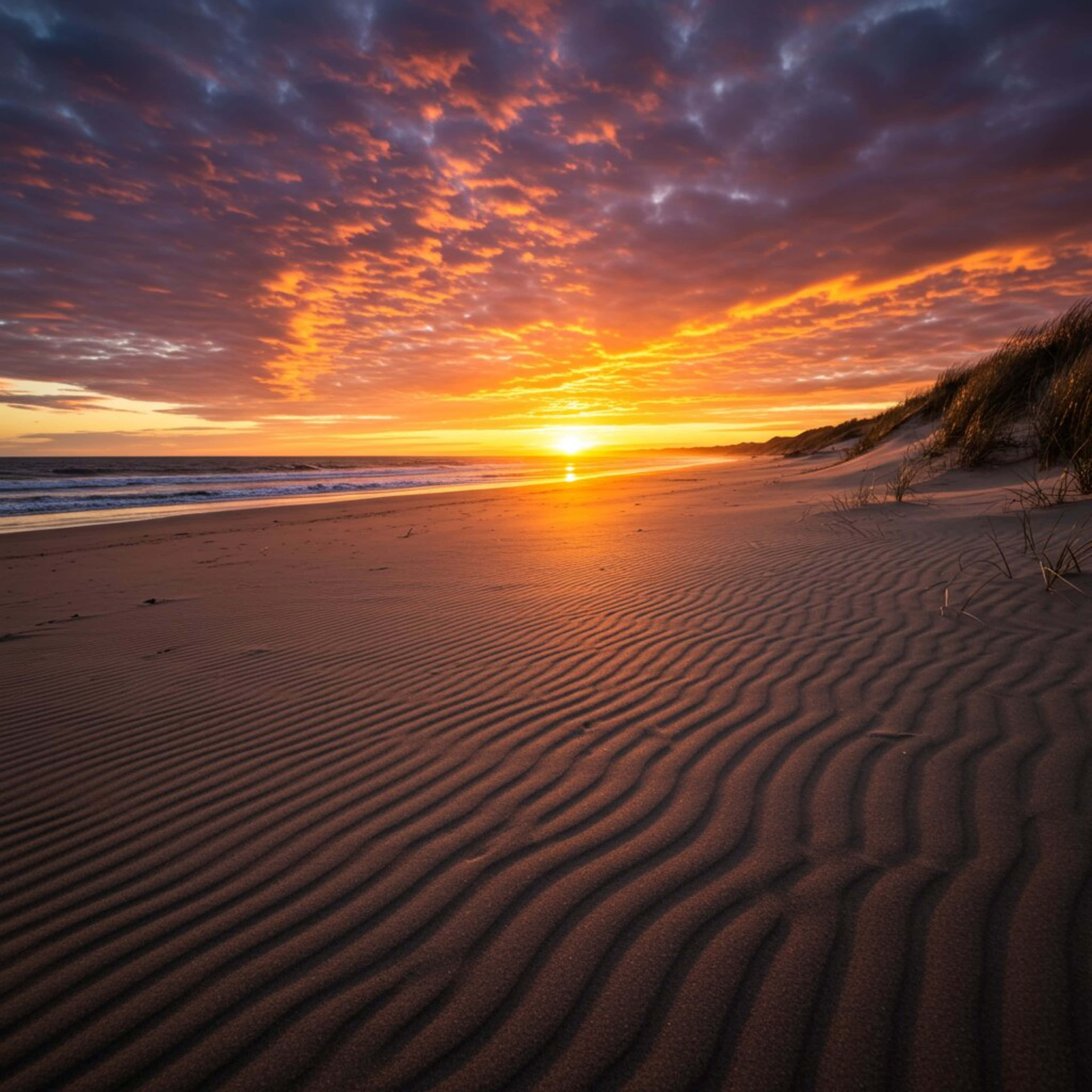 sunset, beach, fiery orange, 4K Desktop Wallpaper