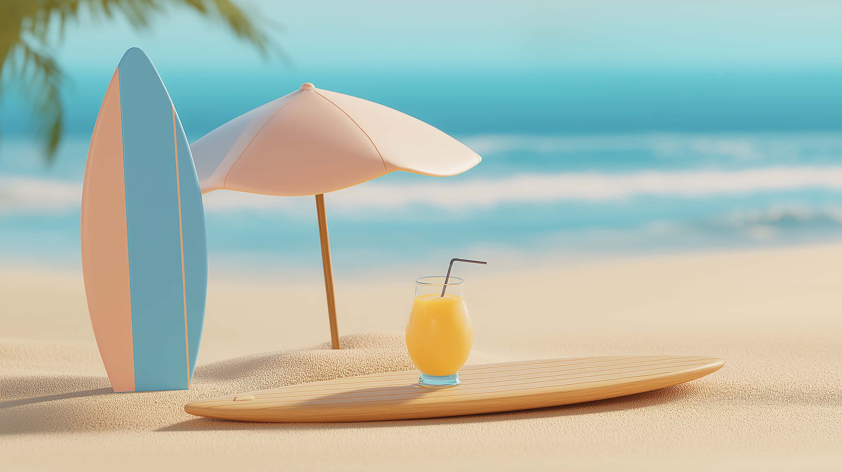 pastel surfboard, beach umbrella, tropical drink, 2K Desktop Wallpaper