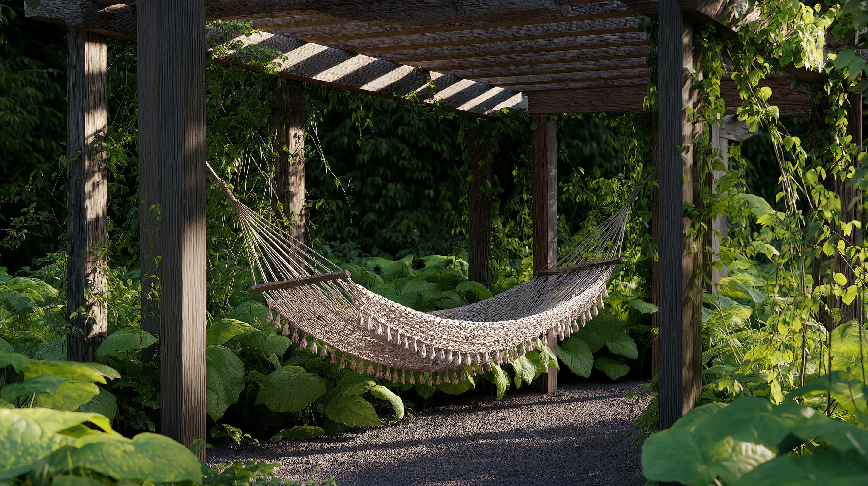 beige macrame hammock, tassels, wooden pergola, 2K Desktop Wallpaper