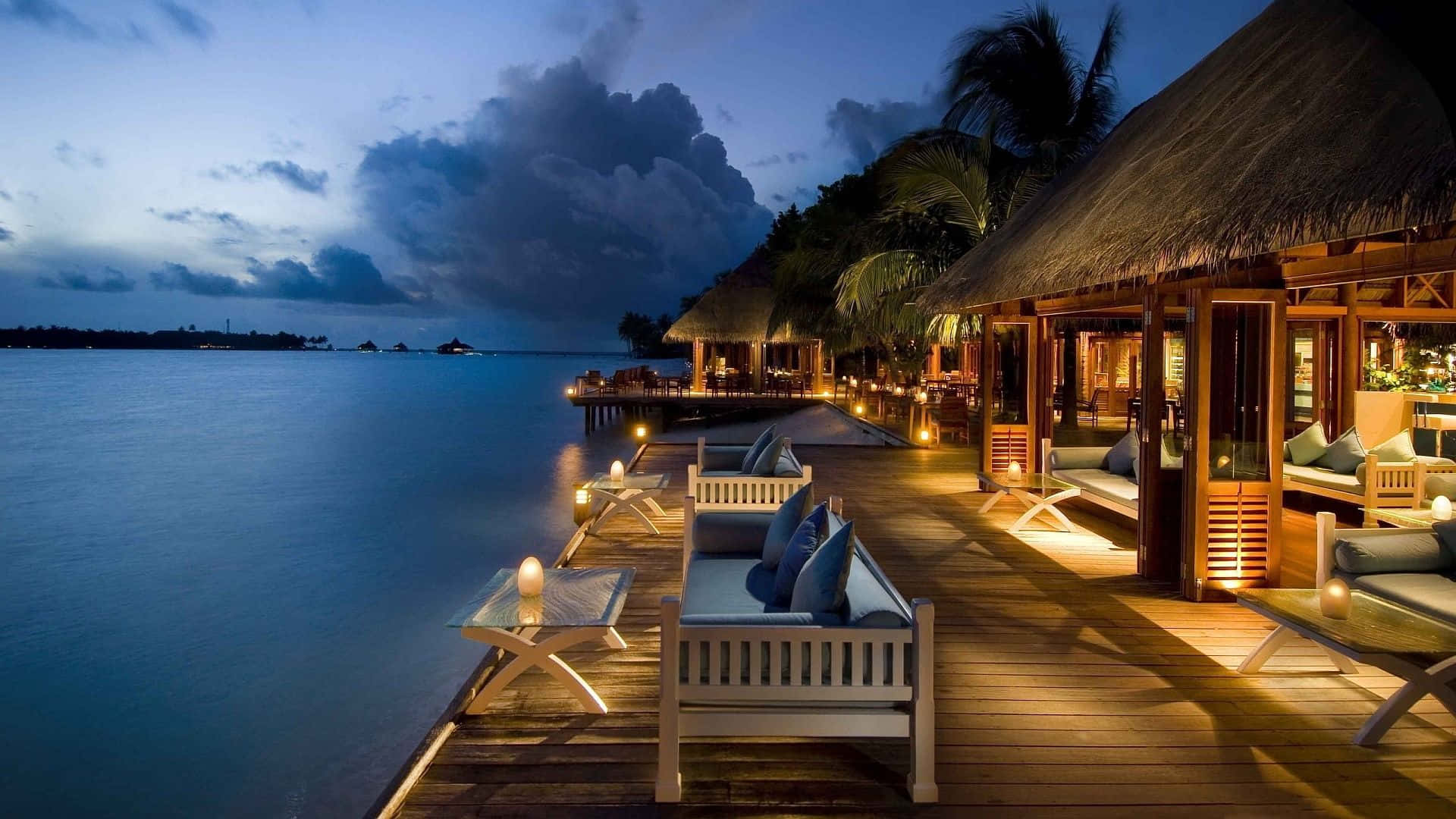 overwater bungalows, warm lights, wooden deck, Full HD Desktop Wallpaper
