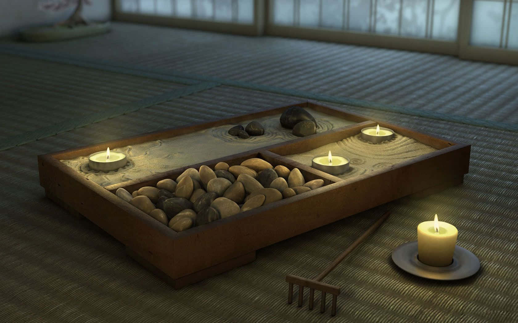 wooden tray, sand raked into patterns, smooth stones, HD Desktop Wallpaper