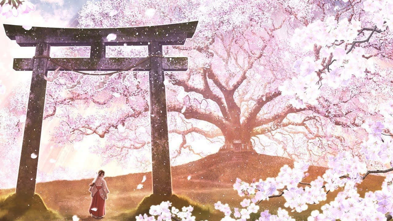 torii gate, cherry tree, traditional robes, HD Desktop Wallpaper