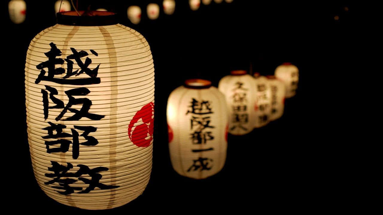 Japanese paper lanterns, black calligraphy, red seals, HD Desktop Wallpaper