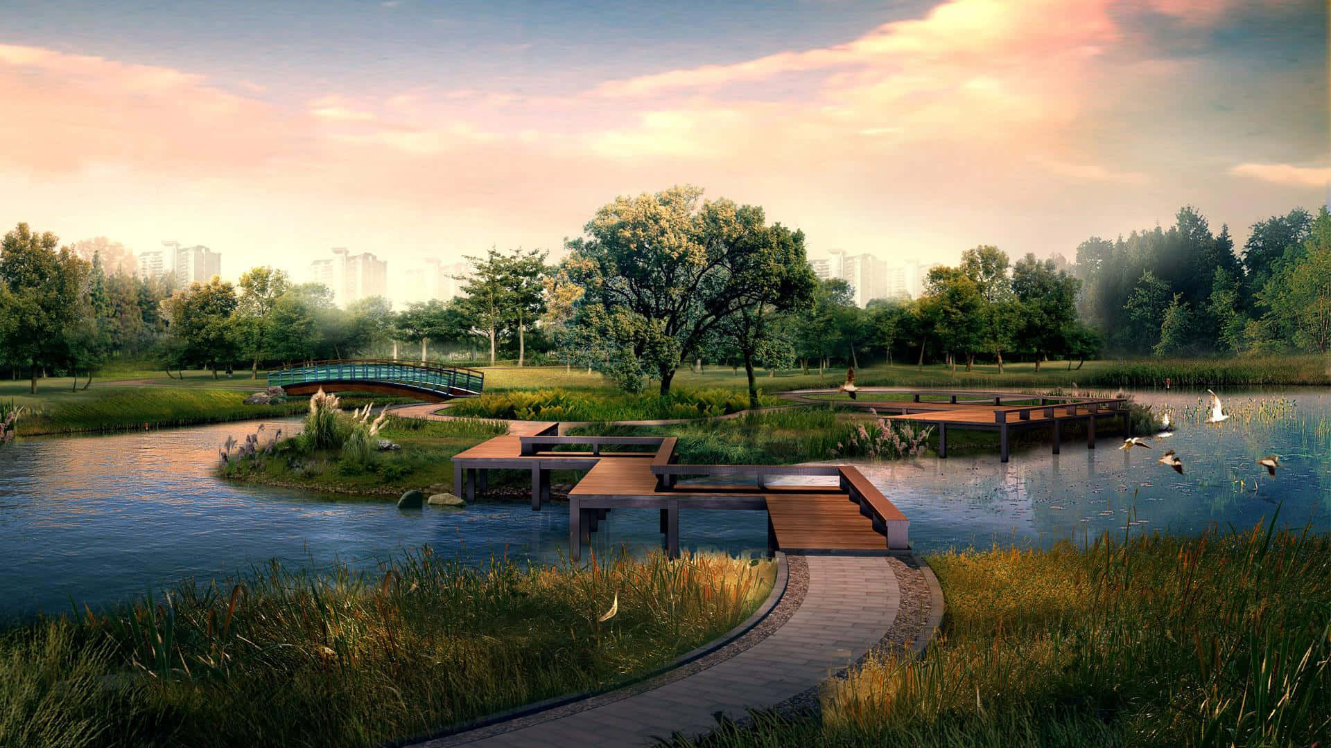 serene park pond, wooden docks, curved path, Full HD Desktop Wallpaper