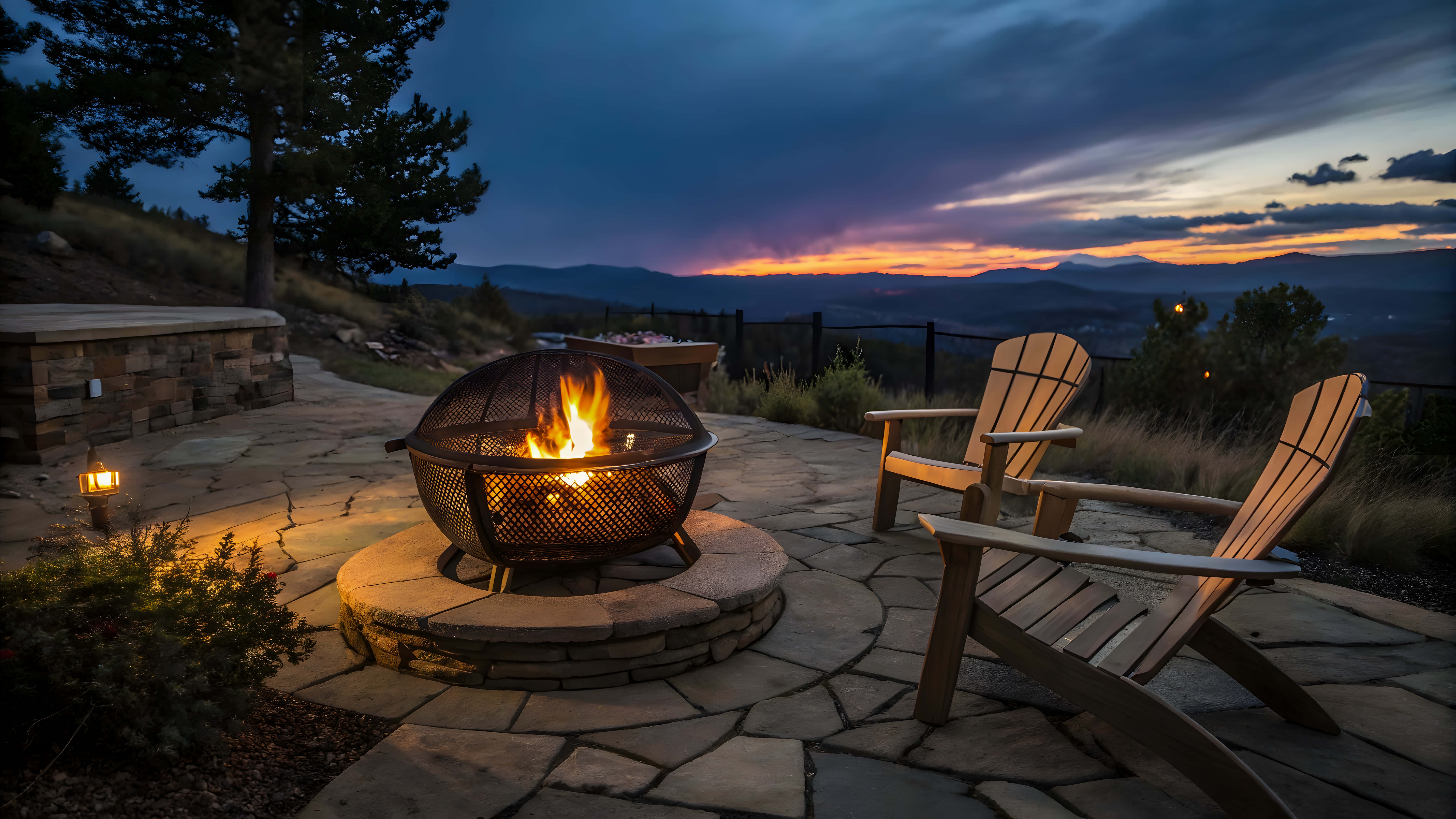 fire pit, stone patio, wooden chairs, 8K Desktop Wallpaper