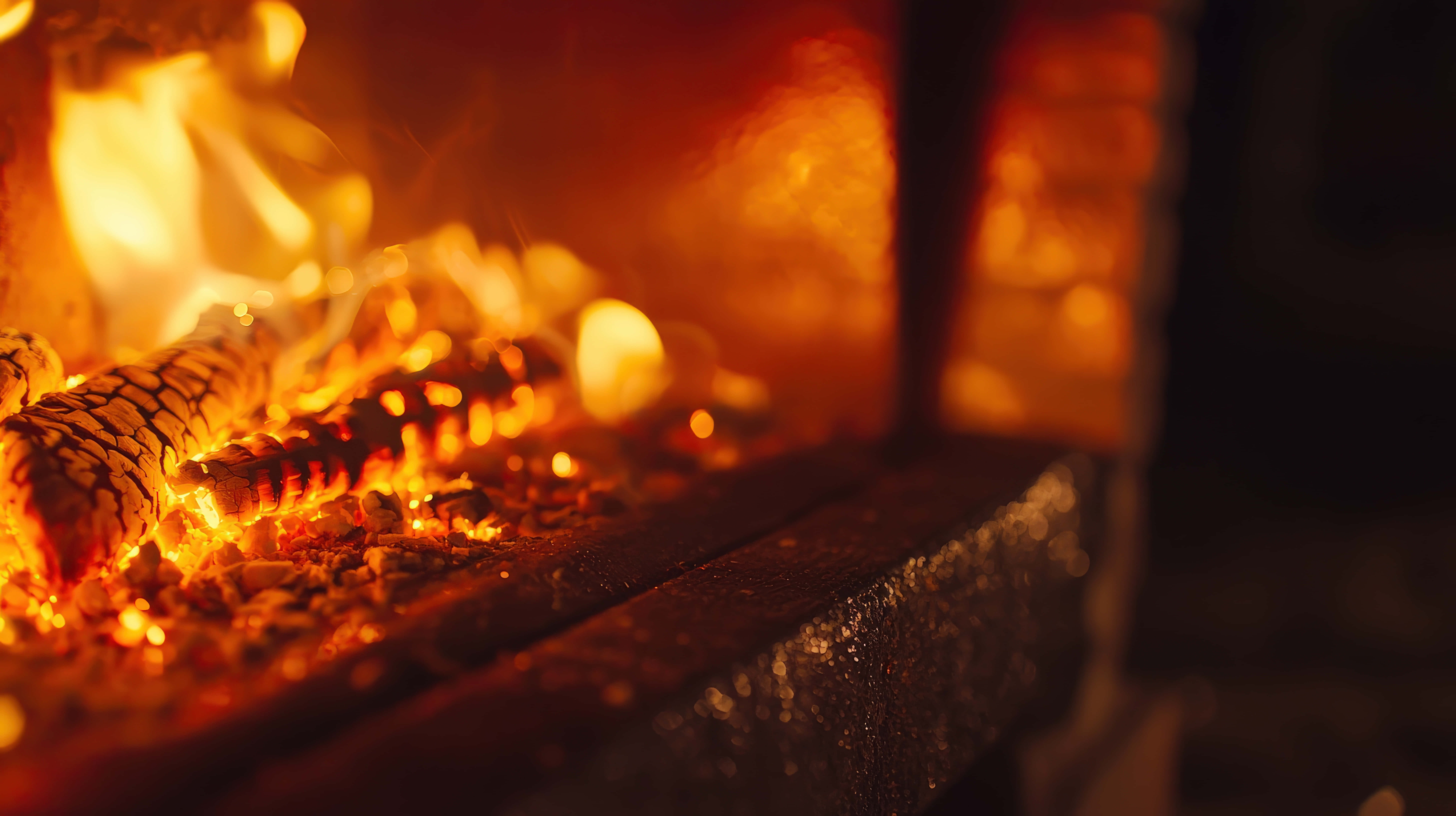 glowing embers, burning wood, warm fireplace, 8K Desktop Wallpaper