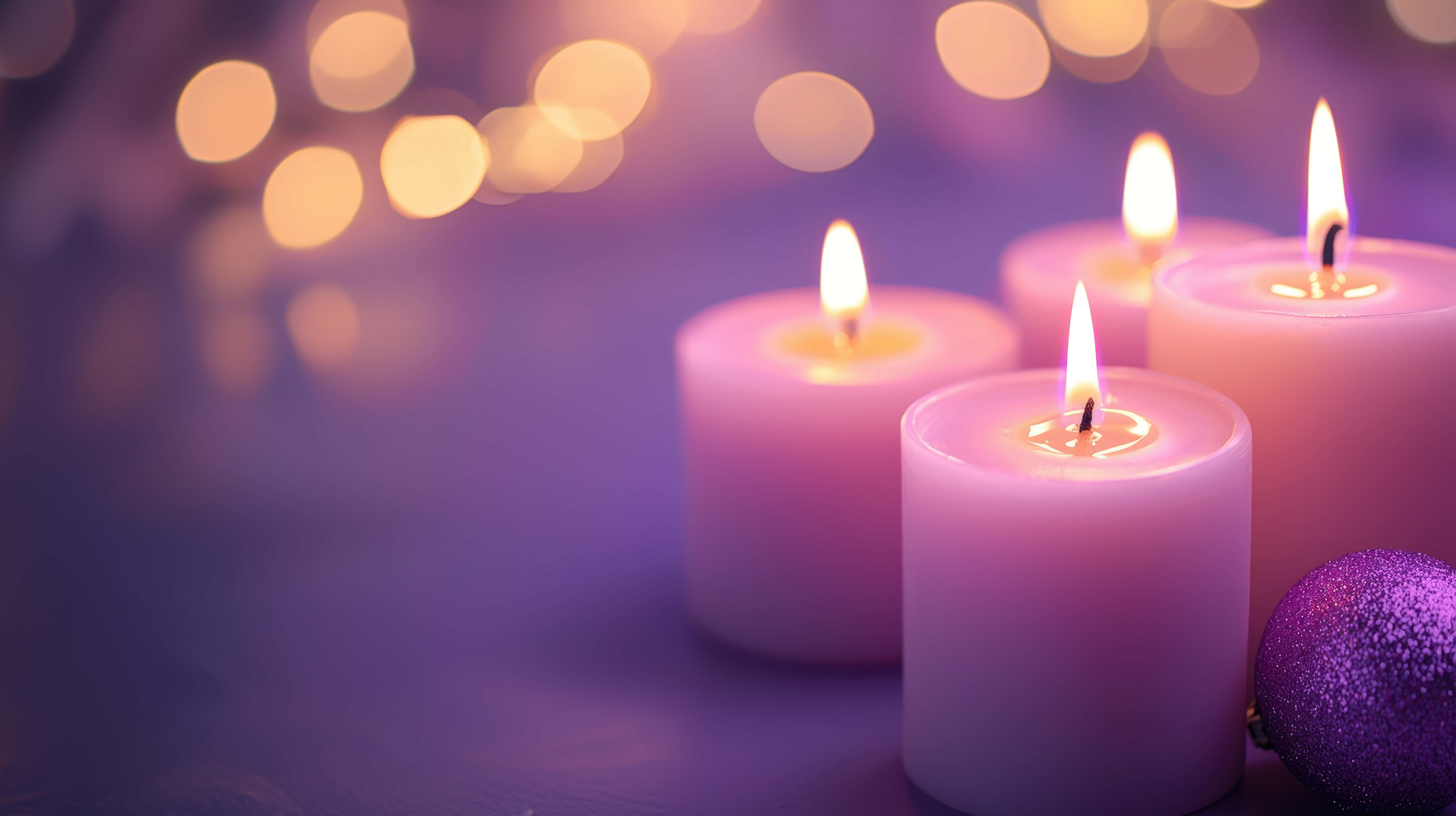 pink candles, glittering purple ornament, soft bokeh background, 8K Desktop Wallpaper