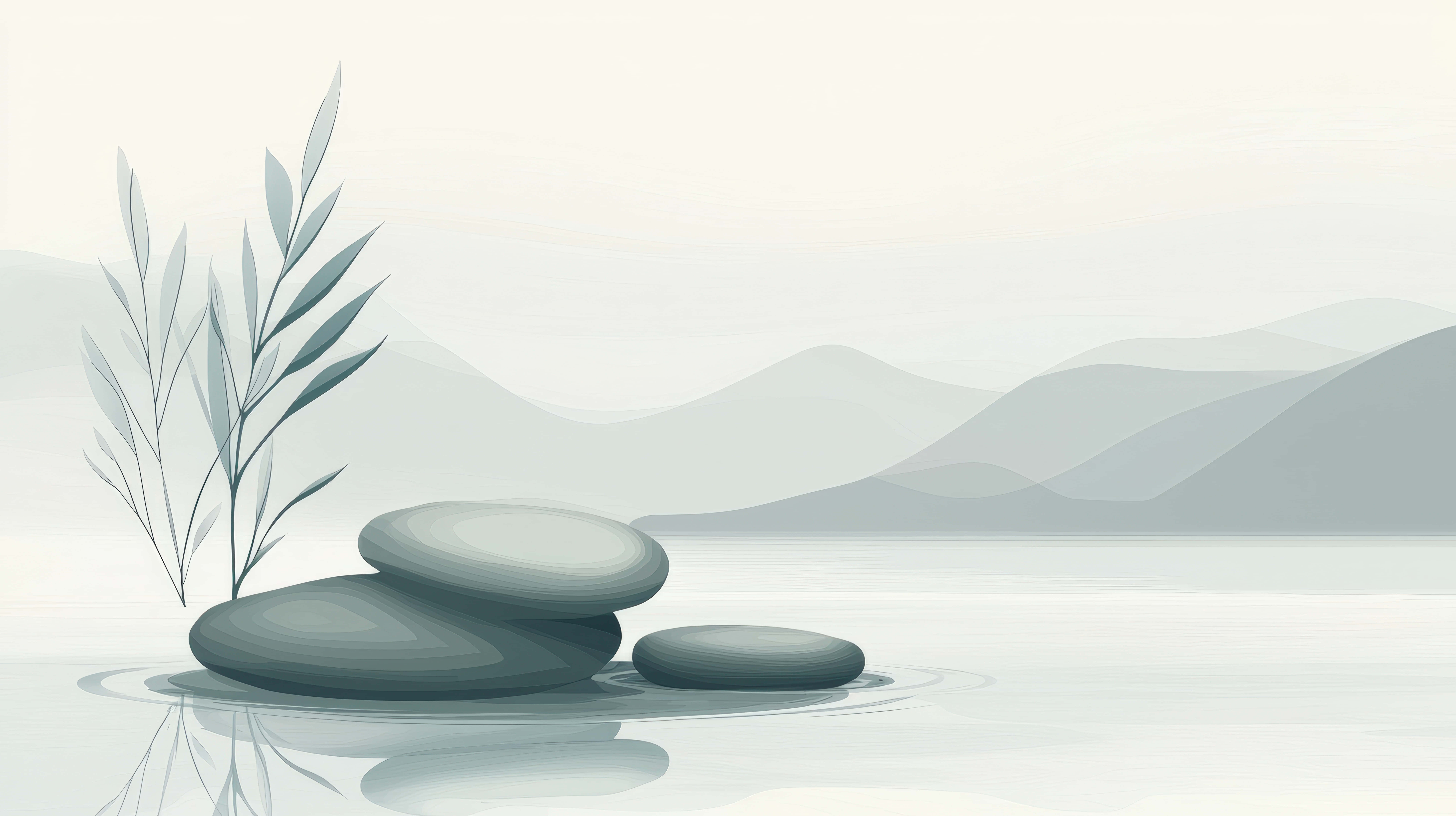 minimalist zen stones, soft mountains, calm water, 8K Desktop Wallpaper