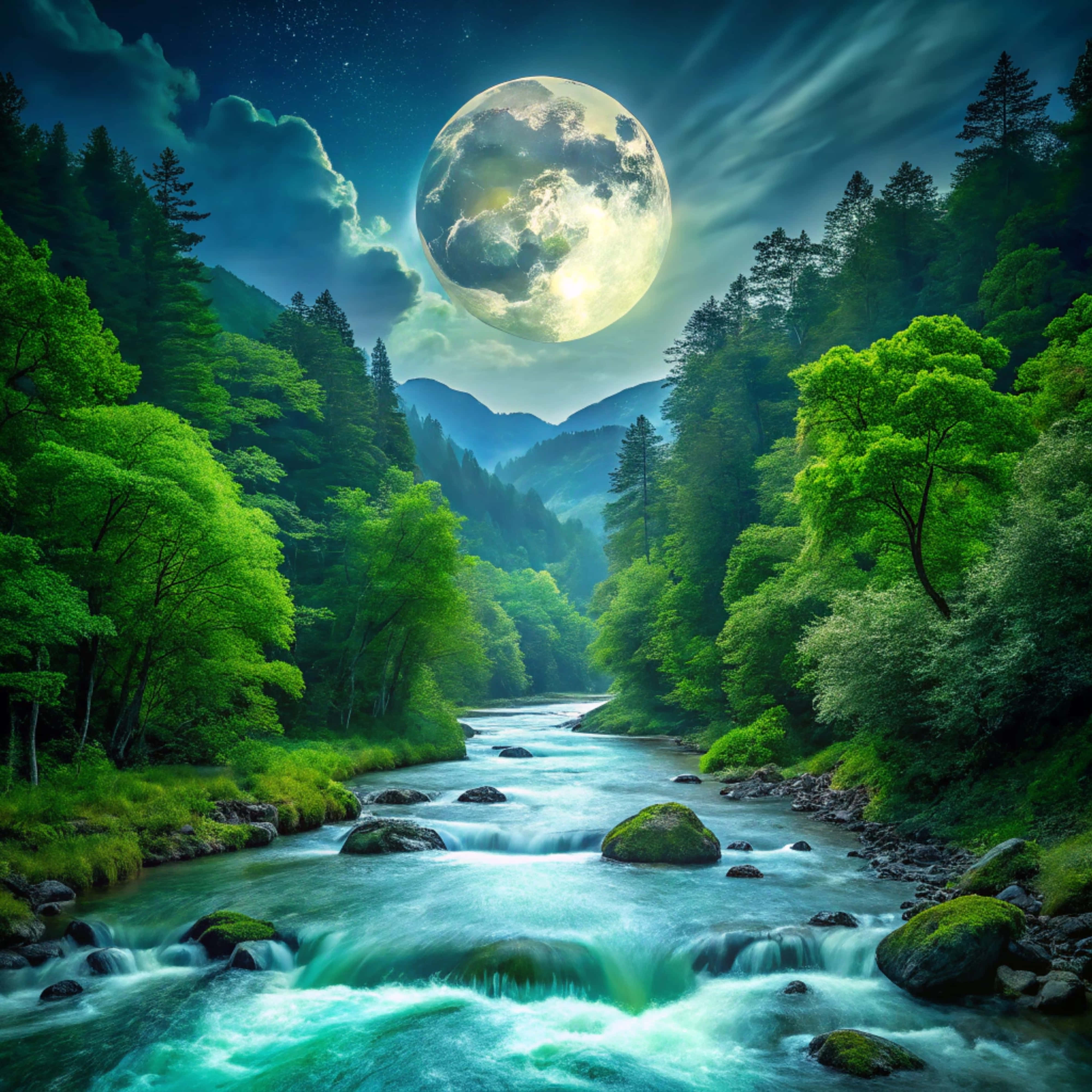 luminous full moon, rushing turquoise river, dense green forest, 4K Desktop Wallpaper